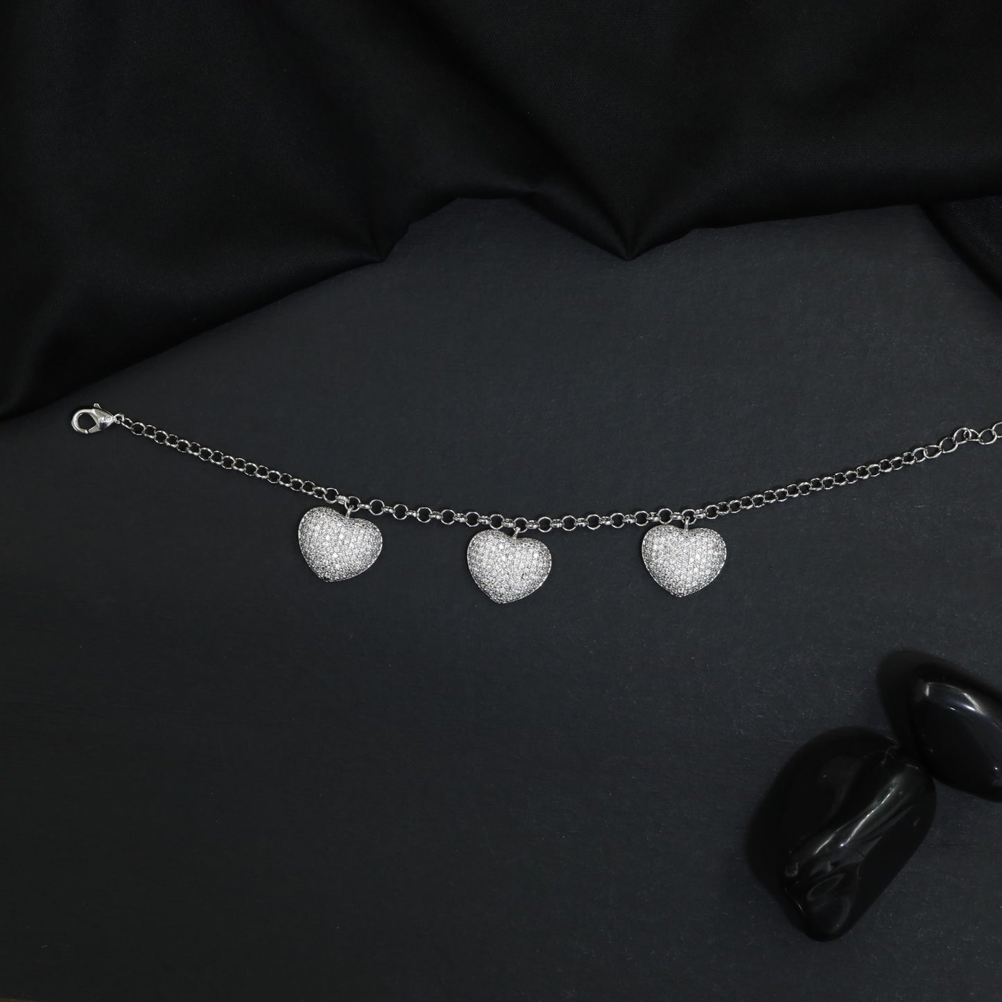 Triple Heart Charm Rhodium Bracelet