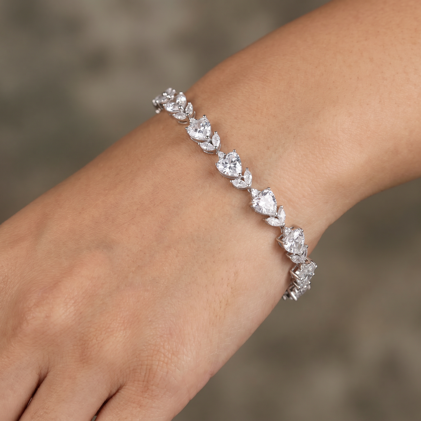 Rhodium Bracelet with Heart and Marquise Link Design
