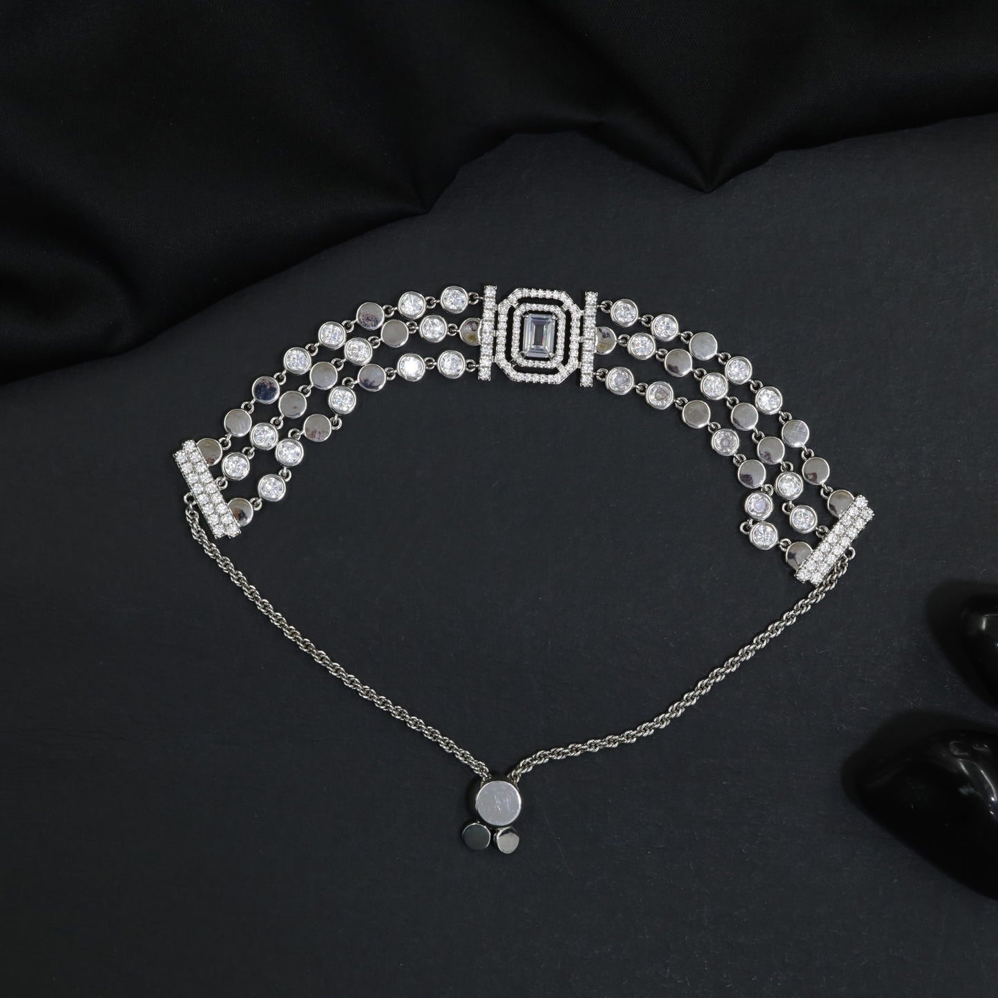 Rhodium Bracelet with Square Halo Centrepiece and Multi Strand Design