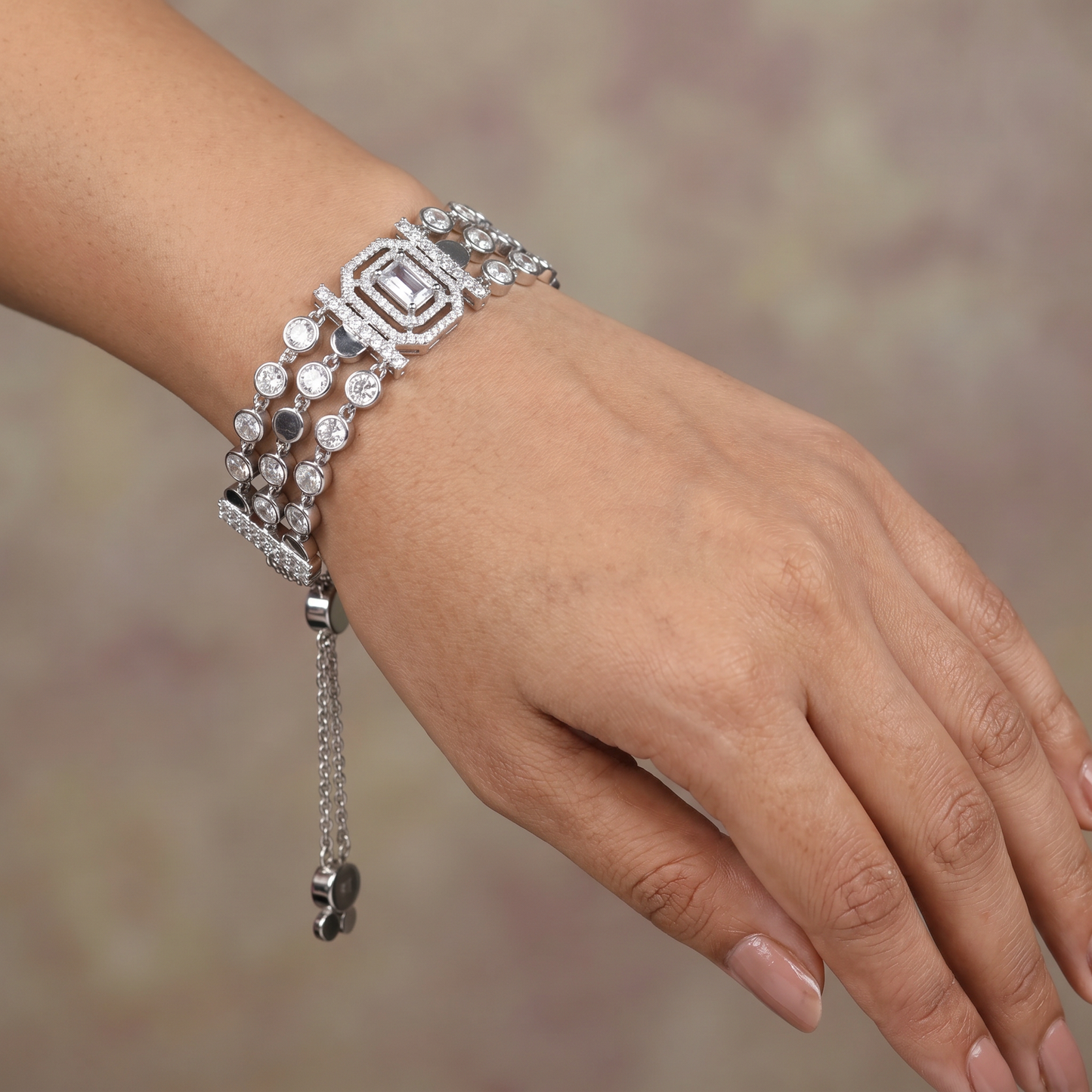 Rhodium Bracelet with Square Halo Centrepiece and Multi Strand Design