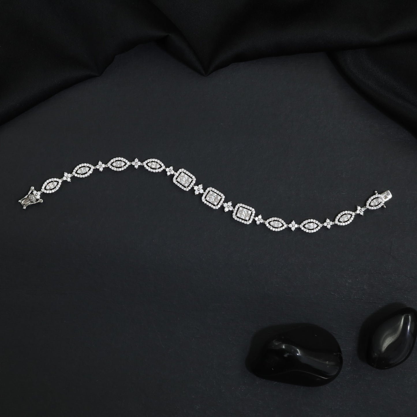 Rhodium Bracelet with Openwork Square Motifs and Elongated Links