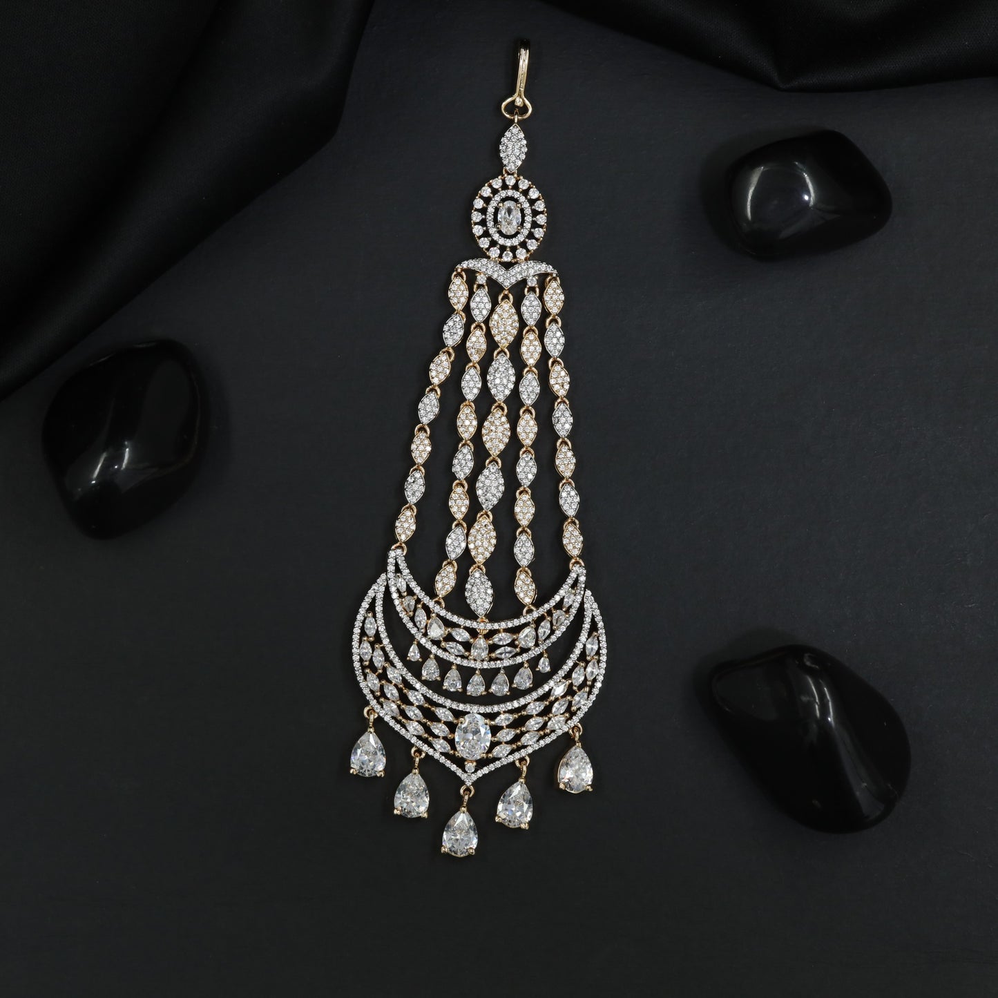 Luxury Rhodium Jhumar with Draped Chains and Crescent Centrepiece