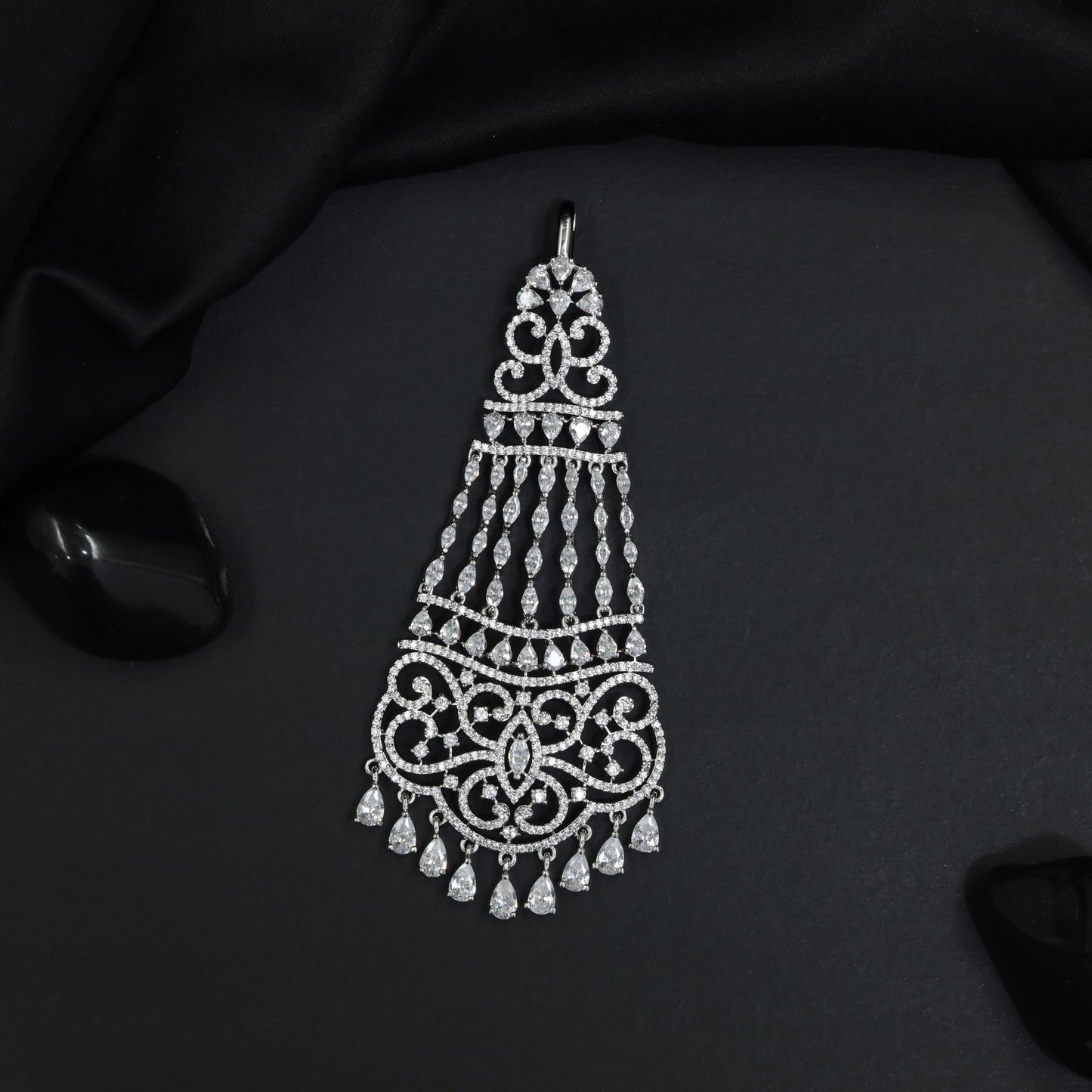 Rhodium Jhumar with Scrollwork Design and Cascading Tassel Strands