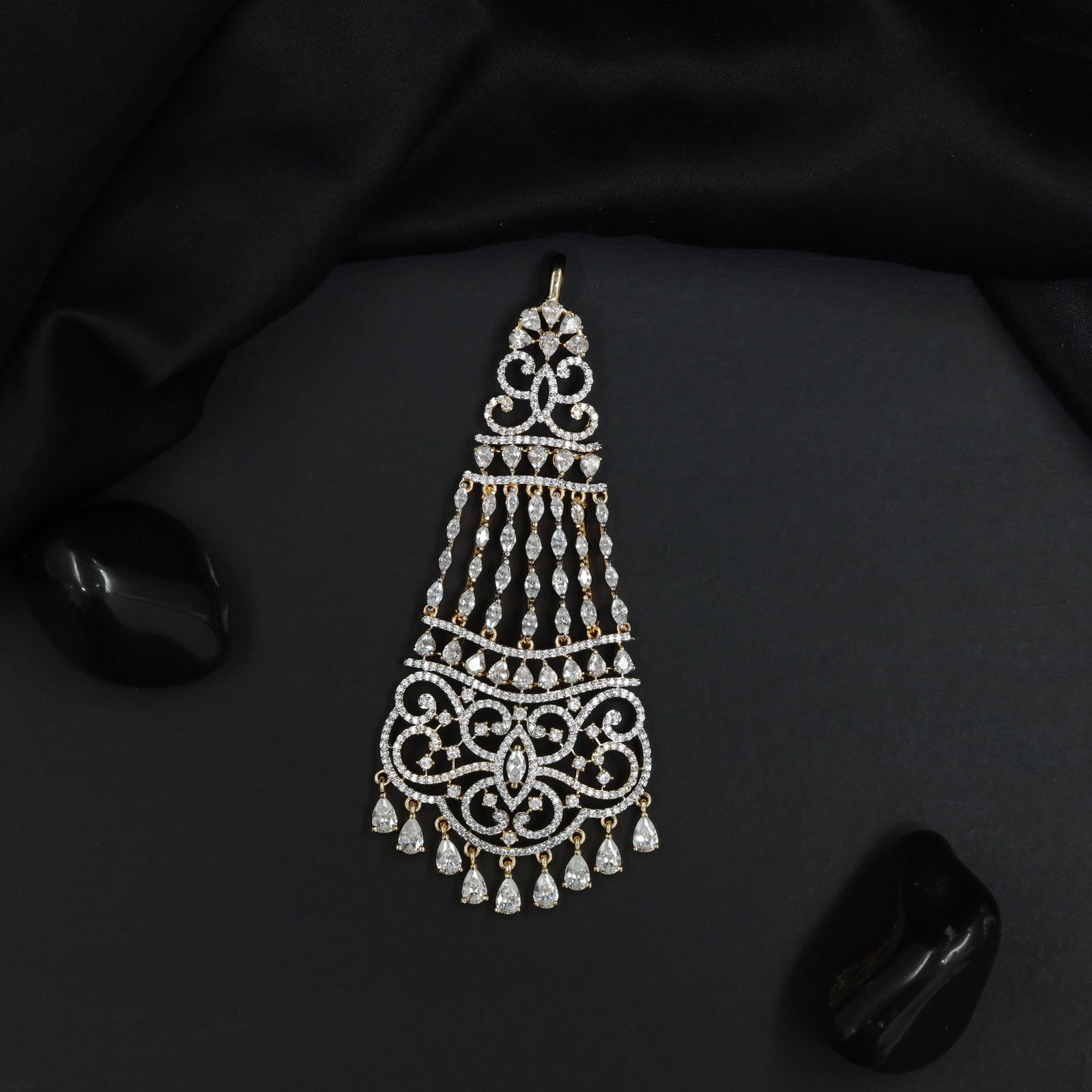 Rhodium Jhumar with Scrollwork Design and Cascading Tassel Strands