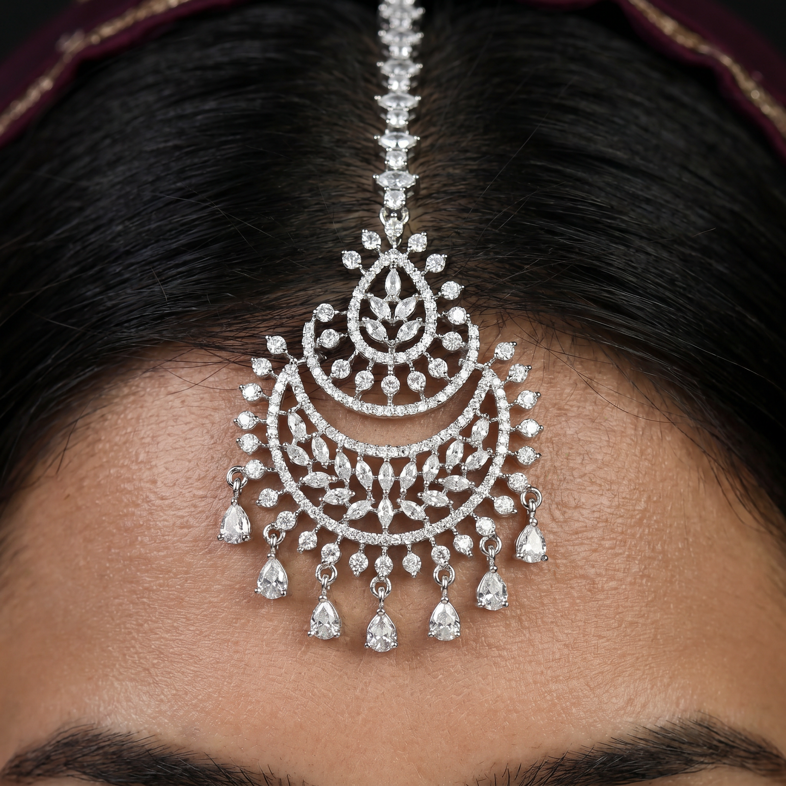 Rhodium Tikka Featuring Ornamental Crescent Pattern and Fringe Drops