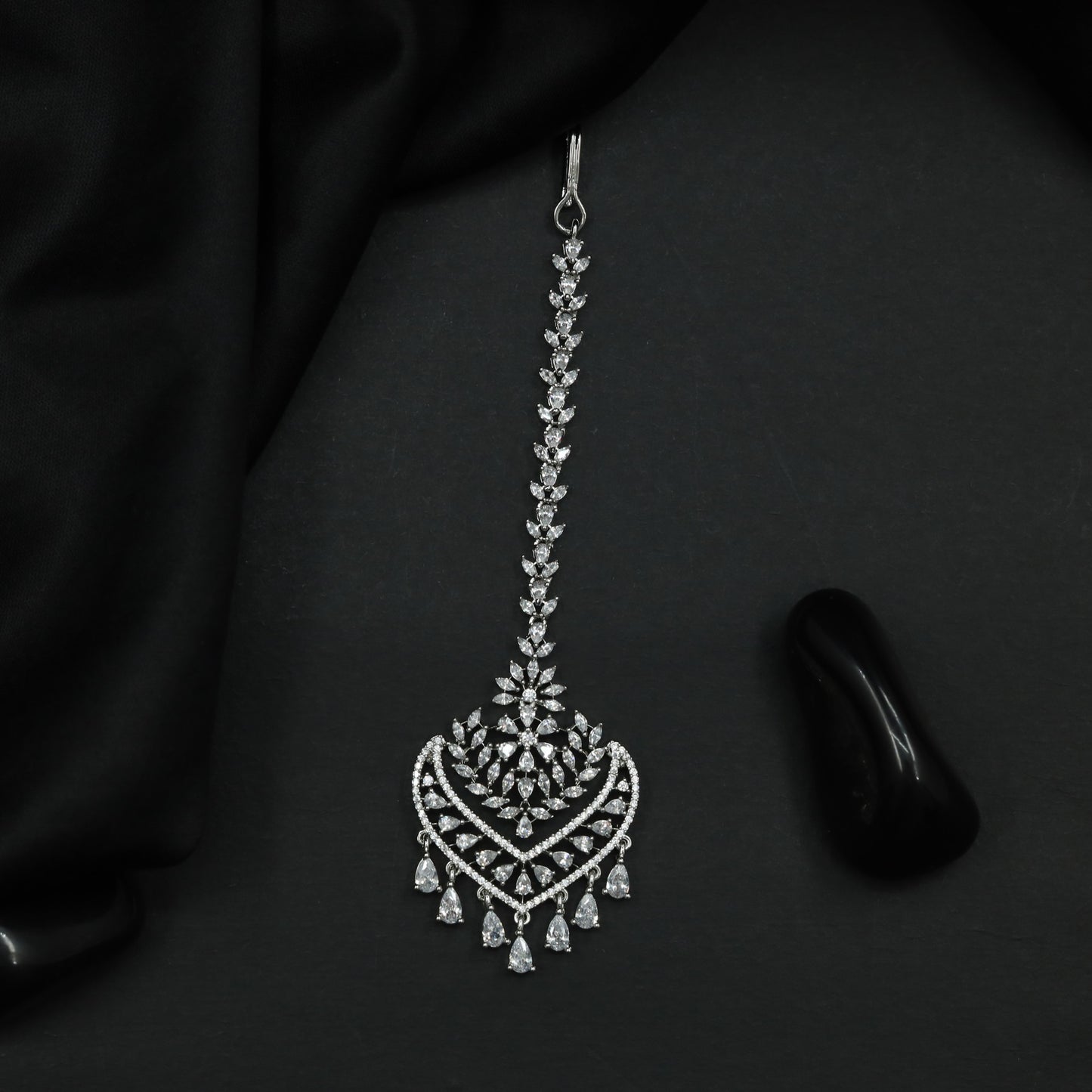 Rhodium Tikka with Floral Arrangement and Hanging Drop Accents