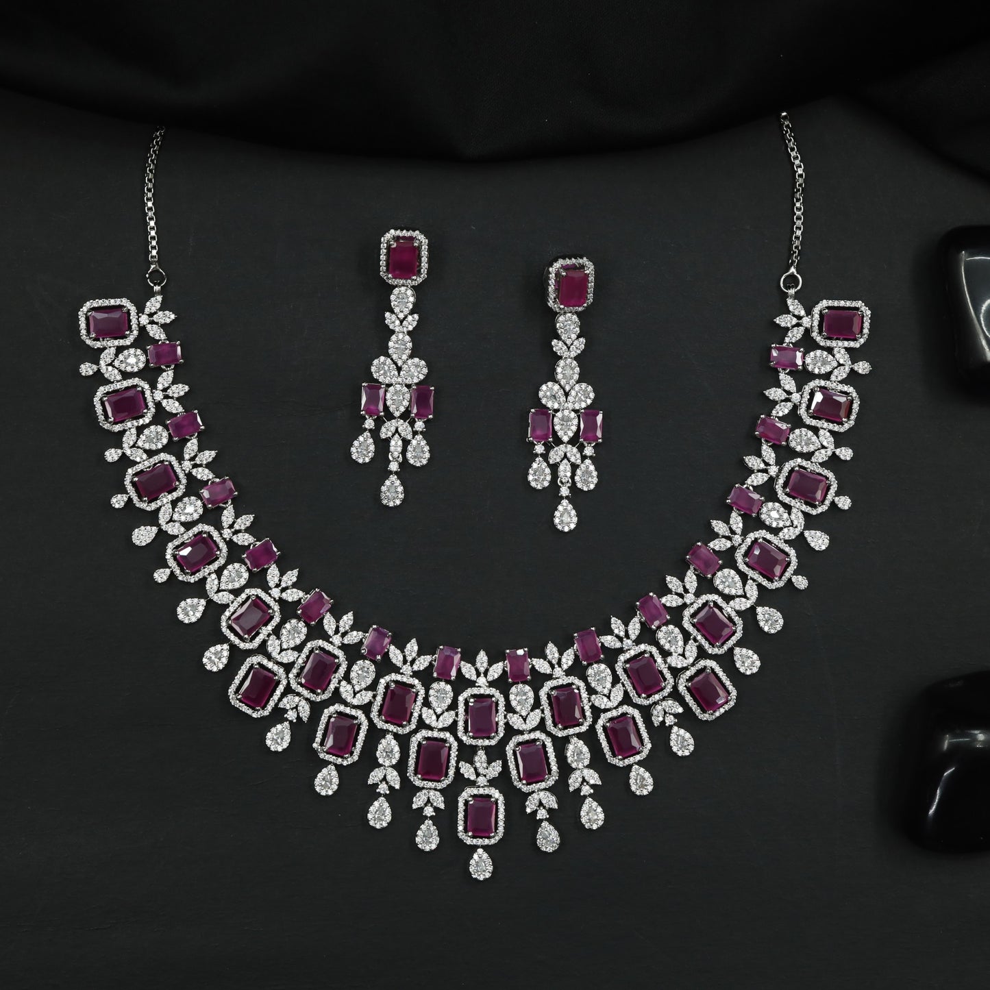 Rhodium Necklace with Decorative Floral Vine and Framed Elements