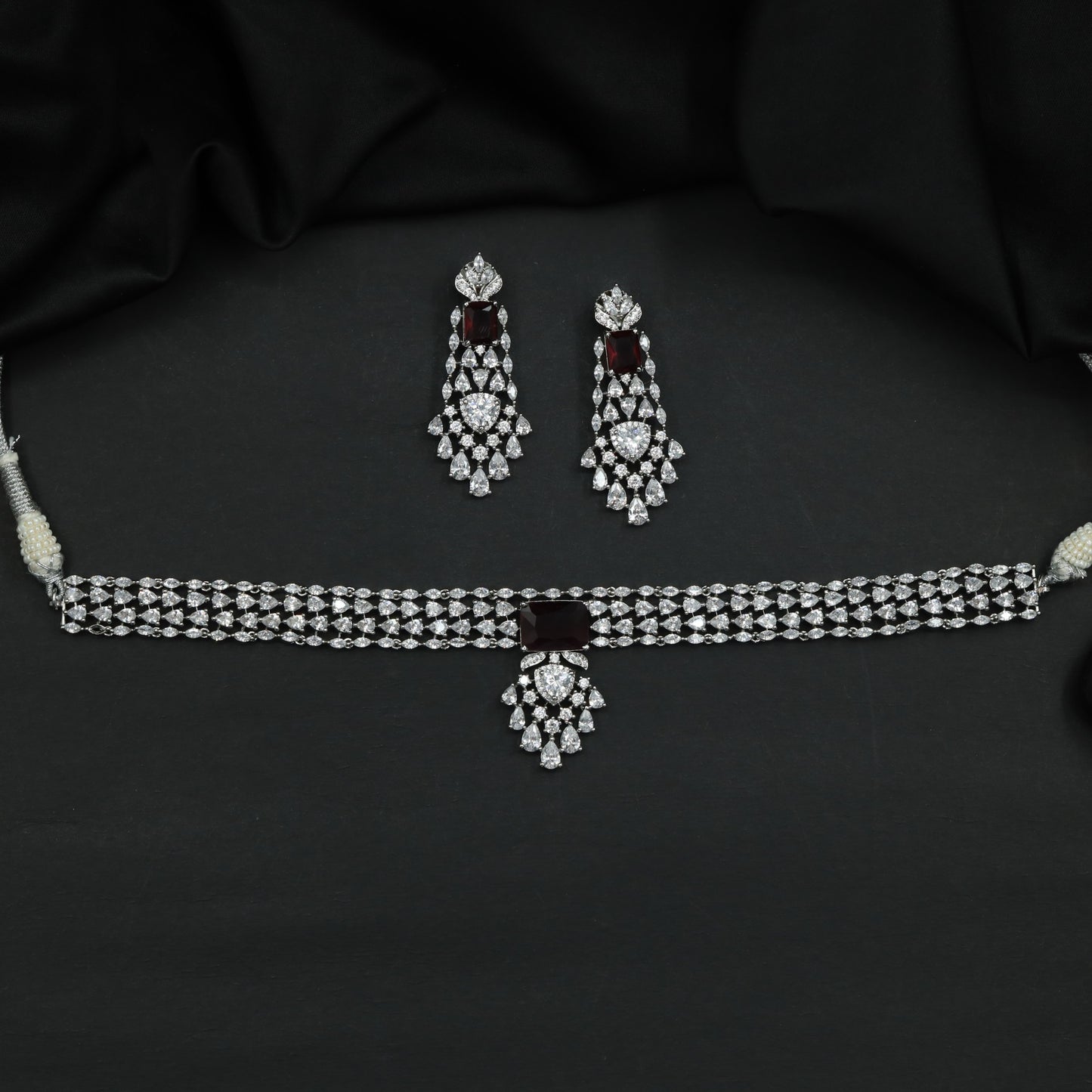 Rhodium Necklace with Multi Row Link Design and Centre Pendant