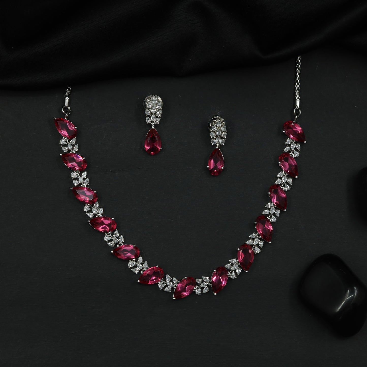 Rhodium Necklace Set with Leaf Links and Floral Clusters