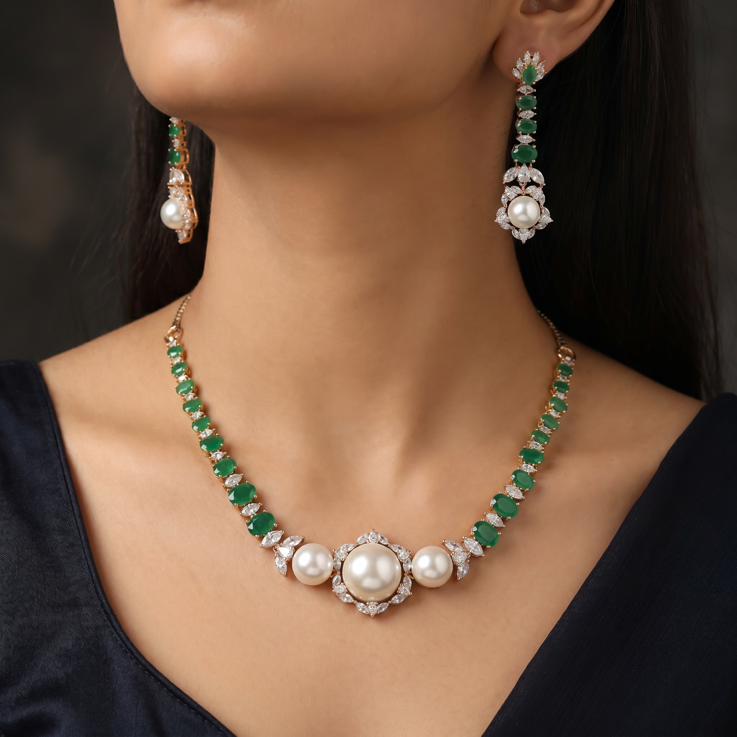 Pearl Centre Rhodium Necklace Set with Floral Link Design