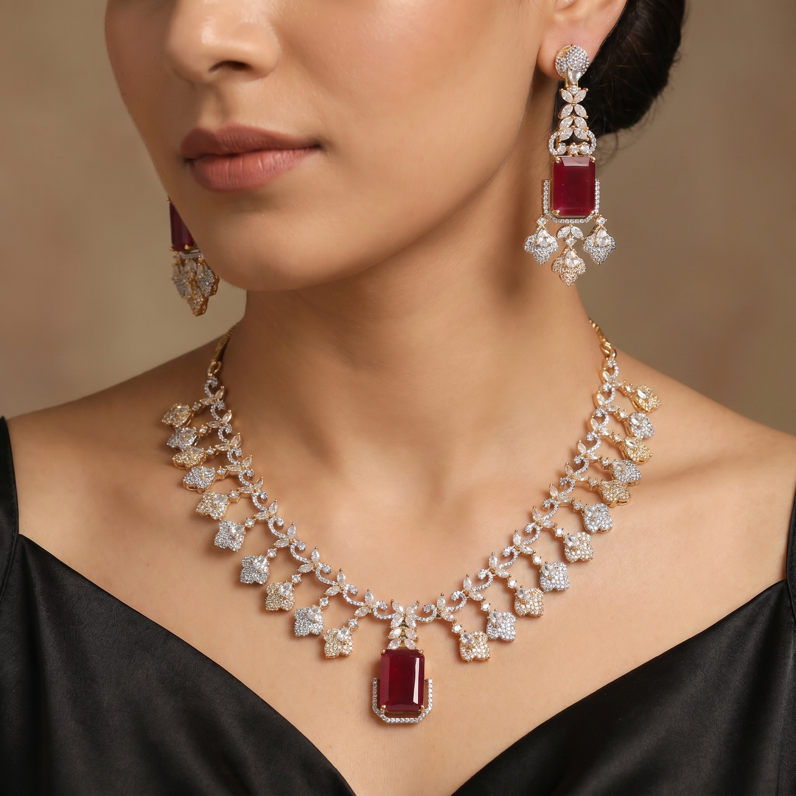 Crystal Fringe Necklace with Geometric Pendant Centerpiece