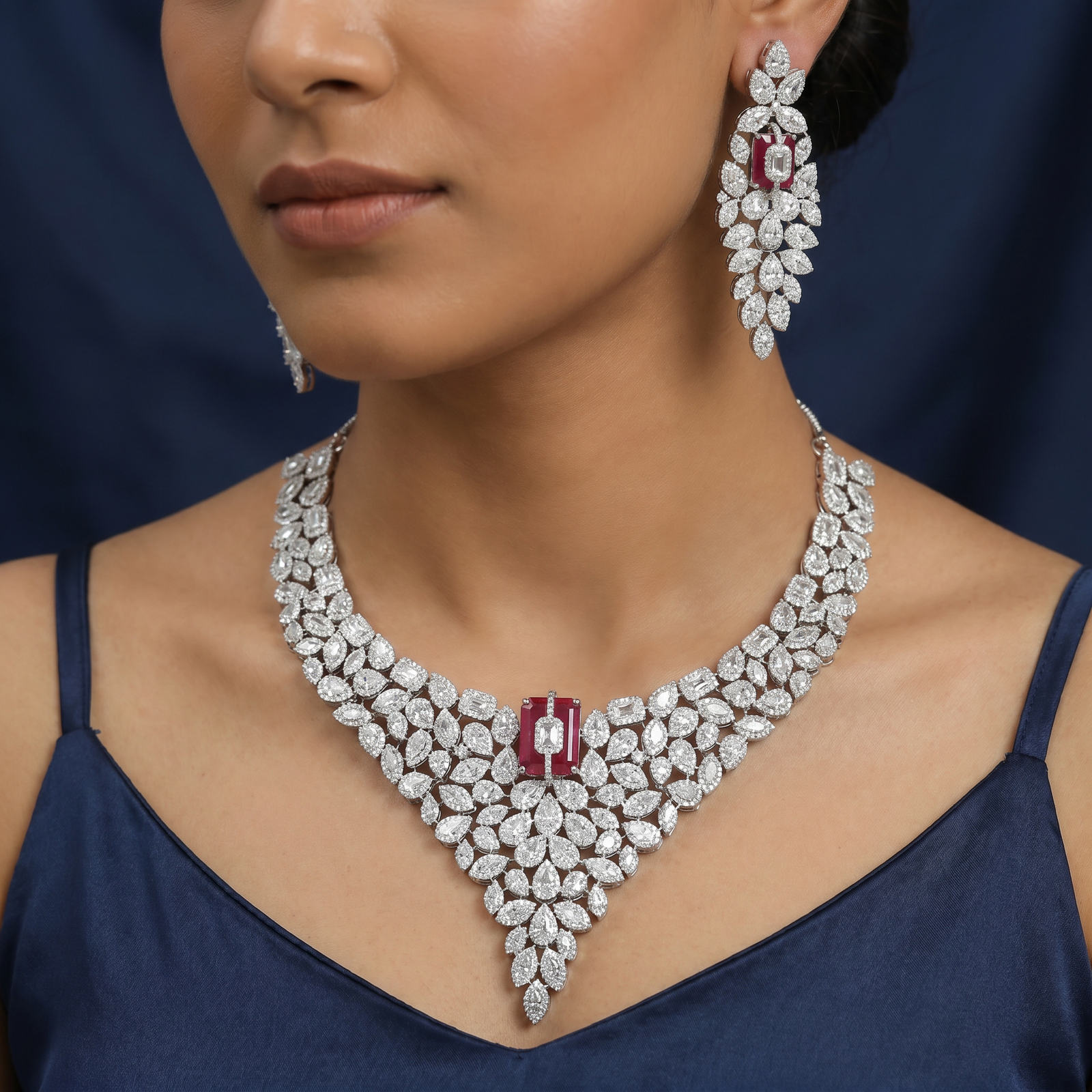 Bridal Edit Rhodium Necklace with Marquise Cascade Design