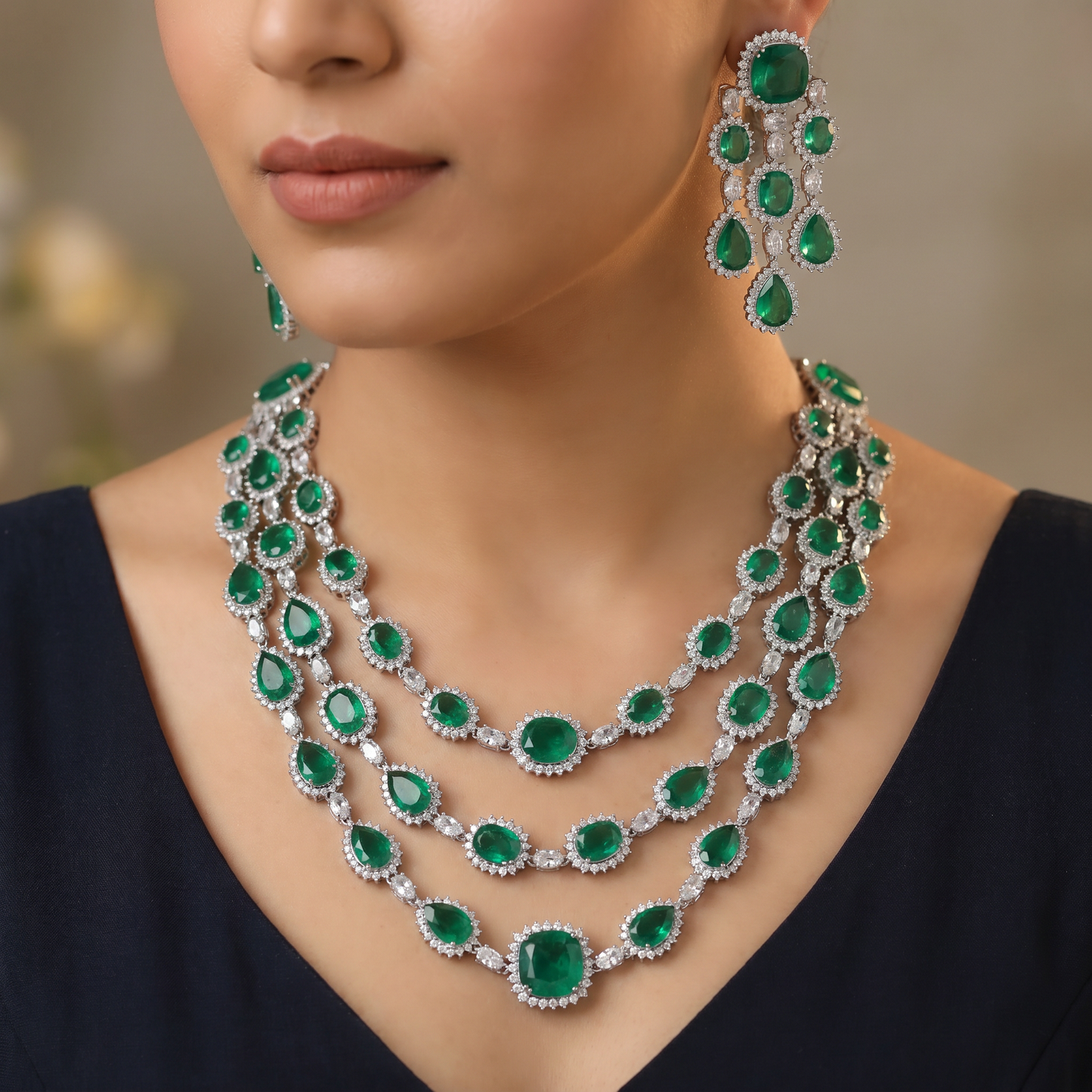 Grand occasion rhodium necklace with draped medallion arrangement