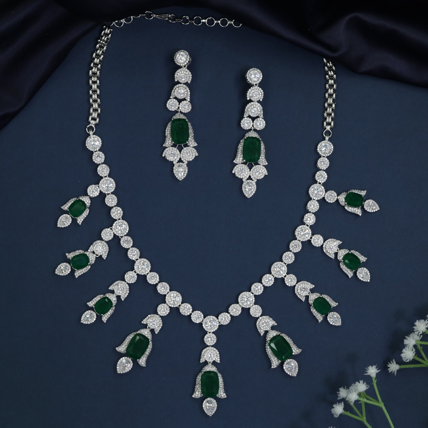 Bellflower Garland Rhodium Necklace with Festoon Collar Profile