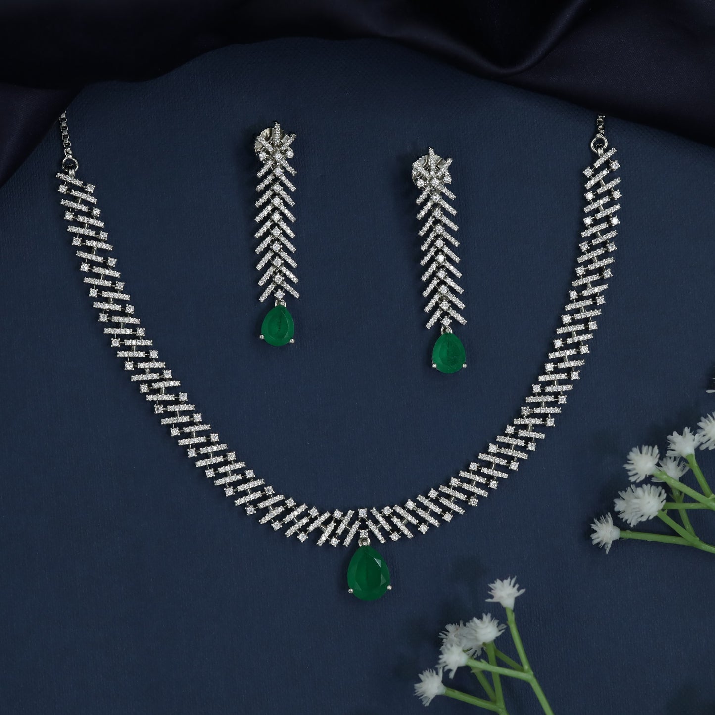 Rhodium Necklace with Chevron Trail Silhouette and Statement Drop