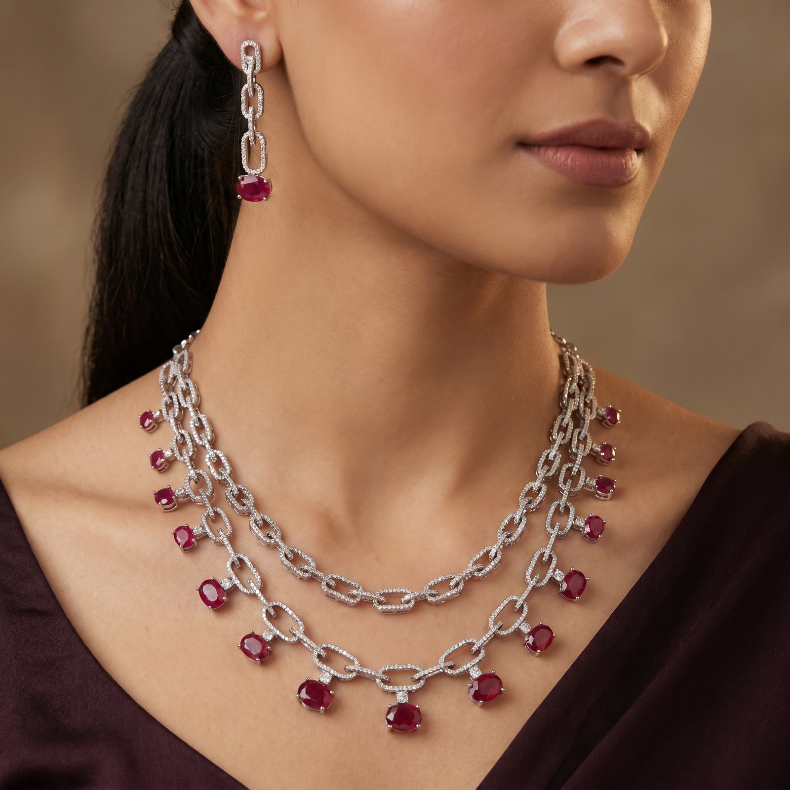 Double Chain Rhodium Necklace with Charm Drop Border