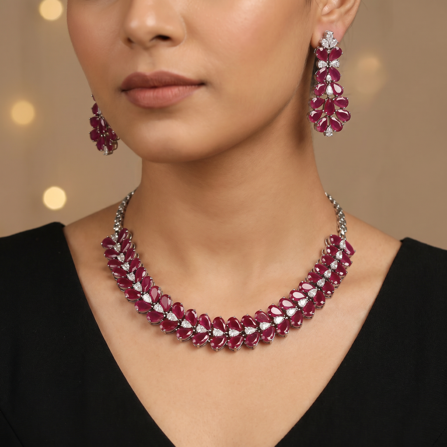 Petal Bloom Rhodium Necklace with Floral Cluster Collar Design