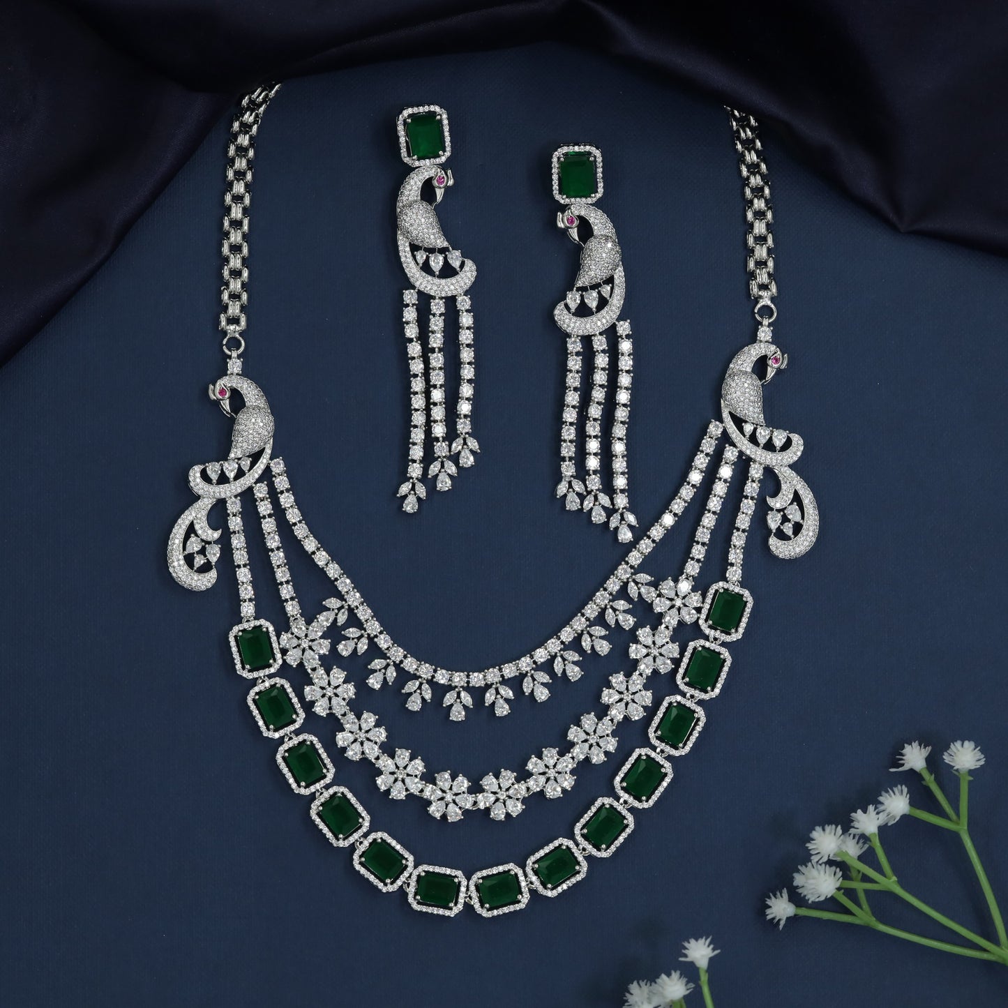 Peacock drape necklace with floral garland chains