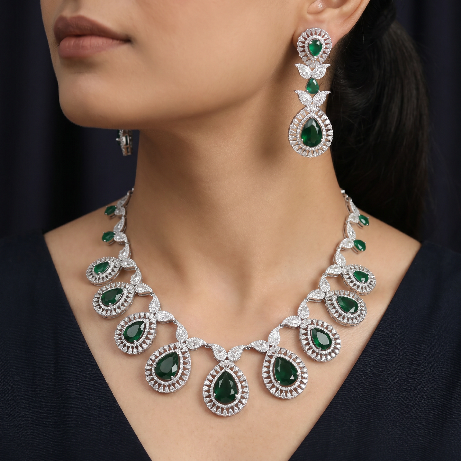 Necklace with Rosette Inspired Links and Halo Teardrop Arrangement