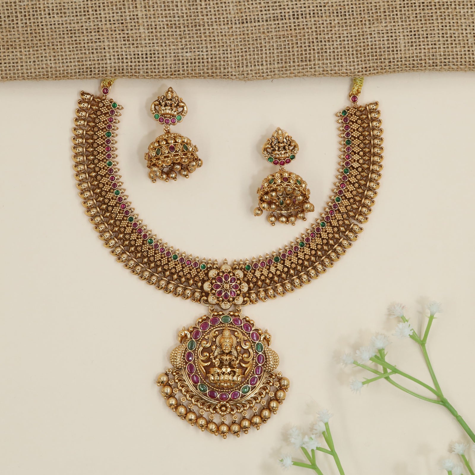 Grand Antique Necklace with Lakshmi Pendant and Heritage Detailing