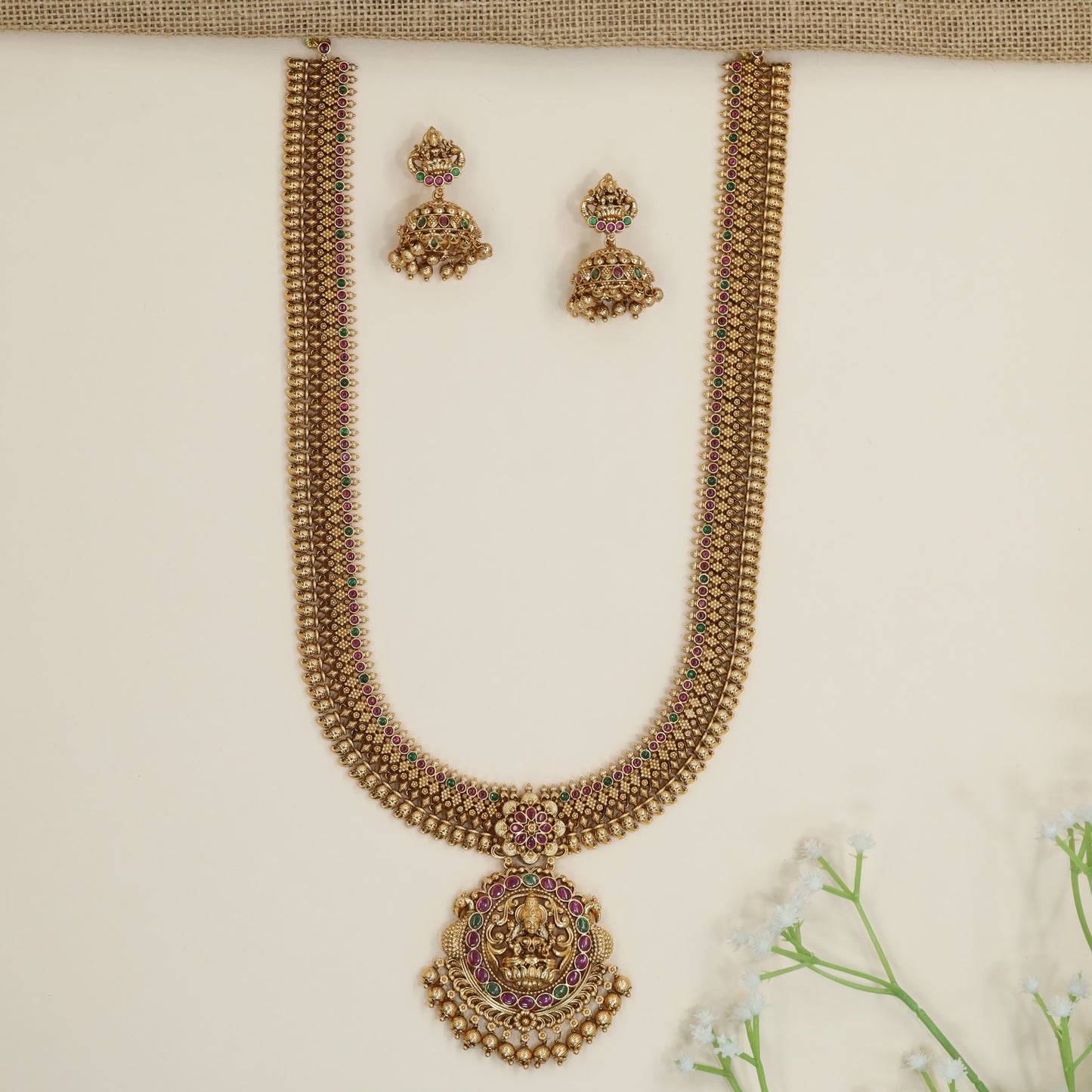 Temple Style Long Haara with Sculpted Lakshmi Pendant Detailing