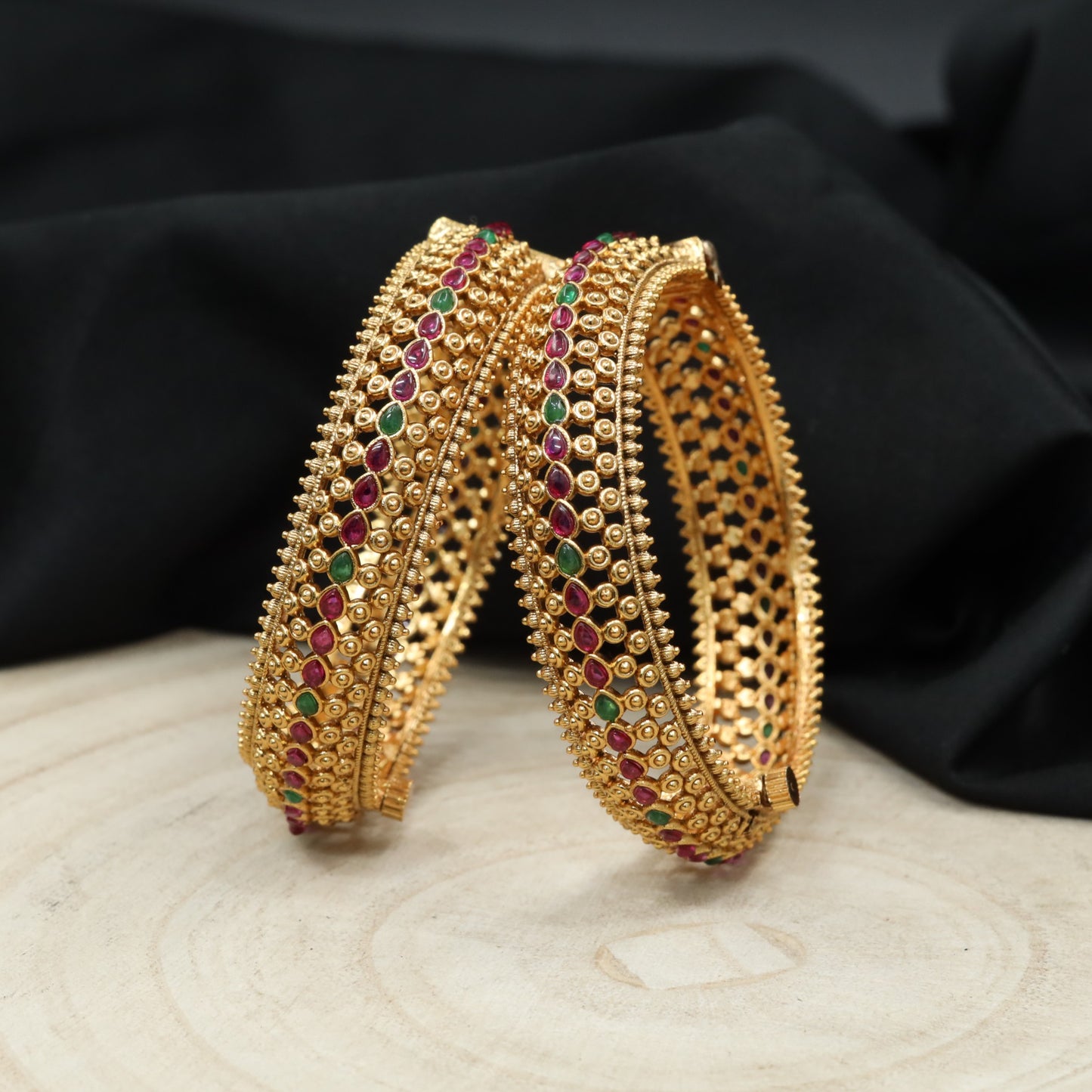 Antique Bangles with Ornamental Filigree and Stone Border
