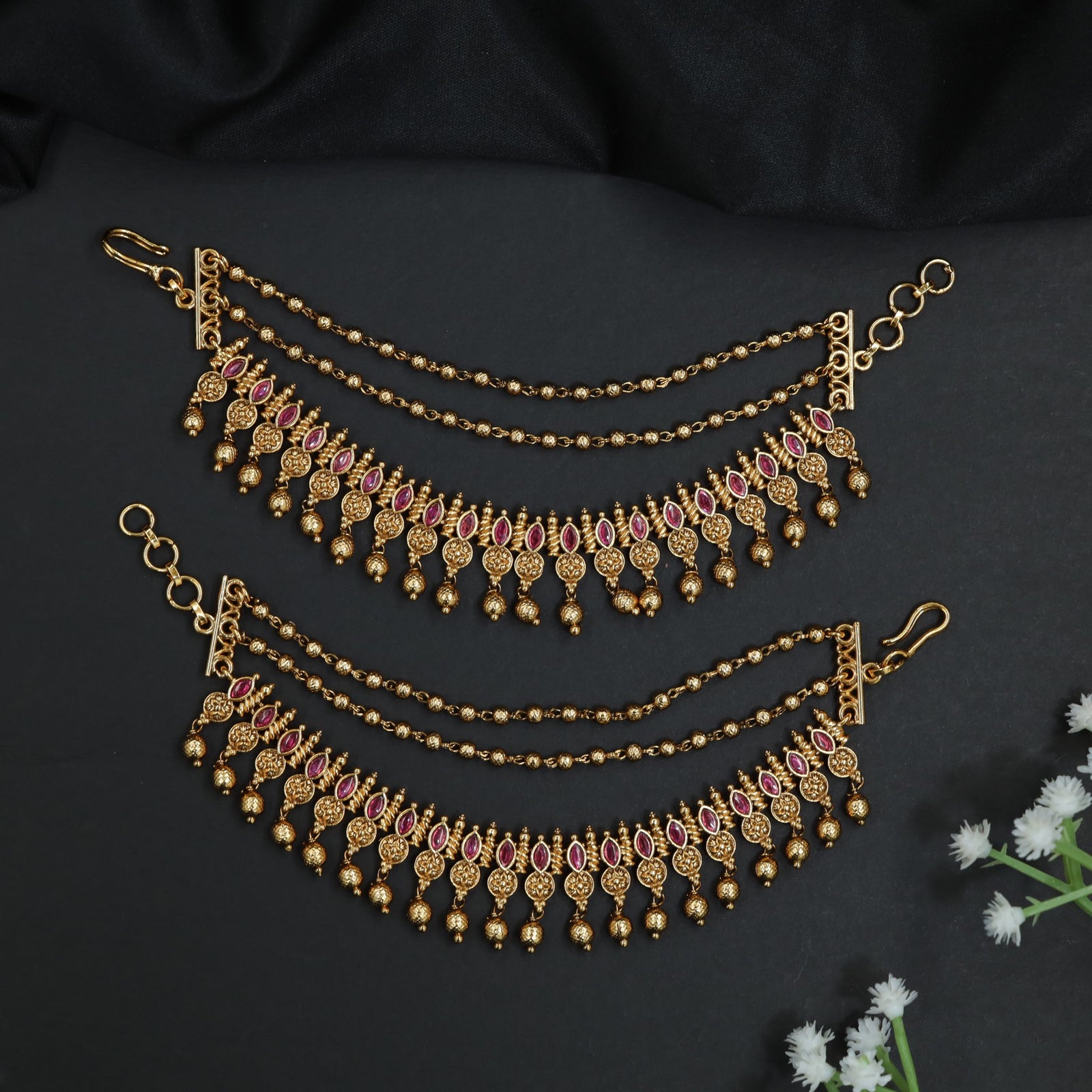 Antique Pearl Mati with Layered Pearl Drapes and Ruby Motif Border