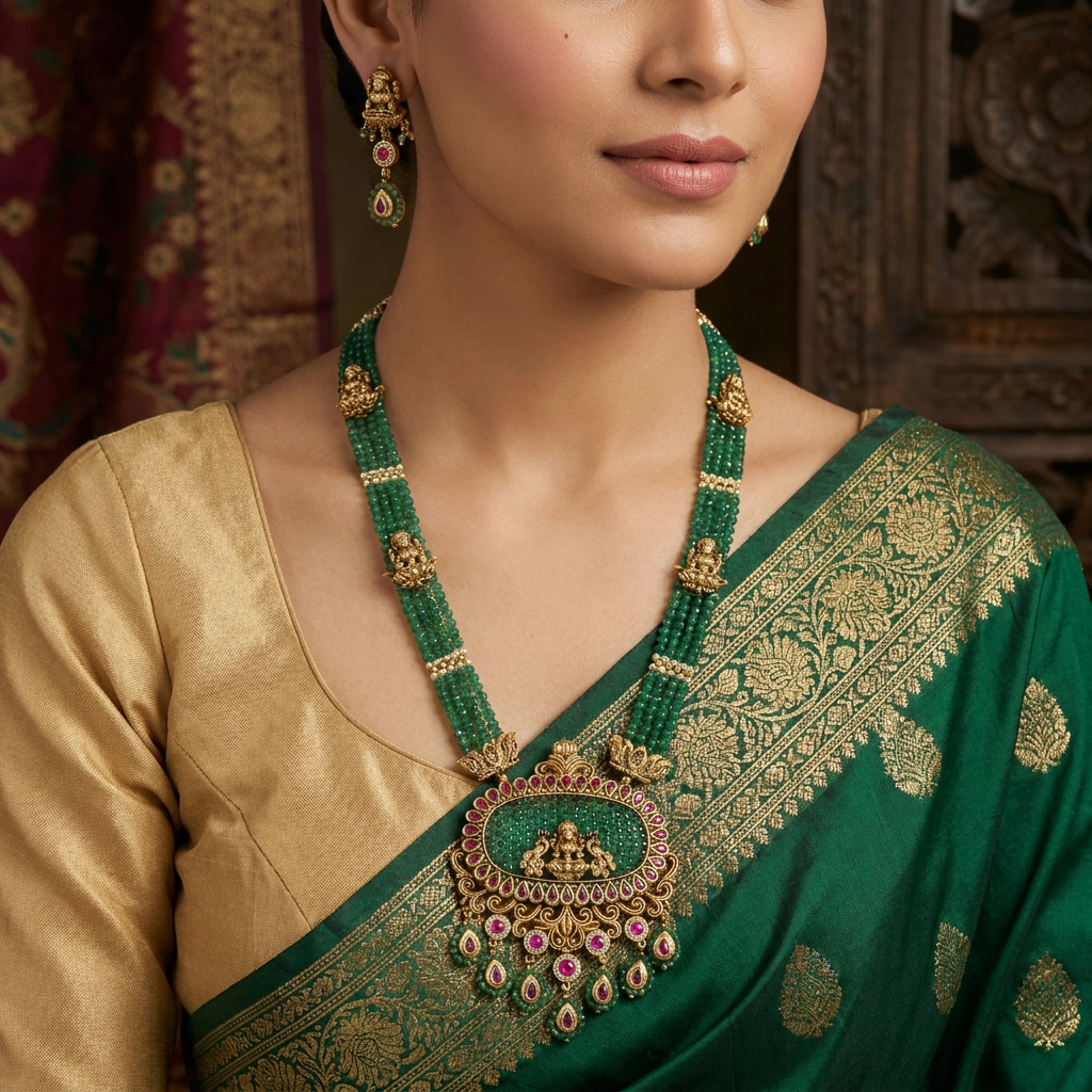 Peacock motif necklace with sculpted Lakshmi pendant centrepiece