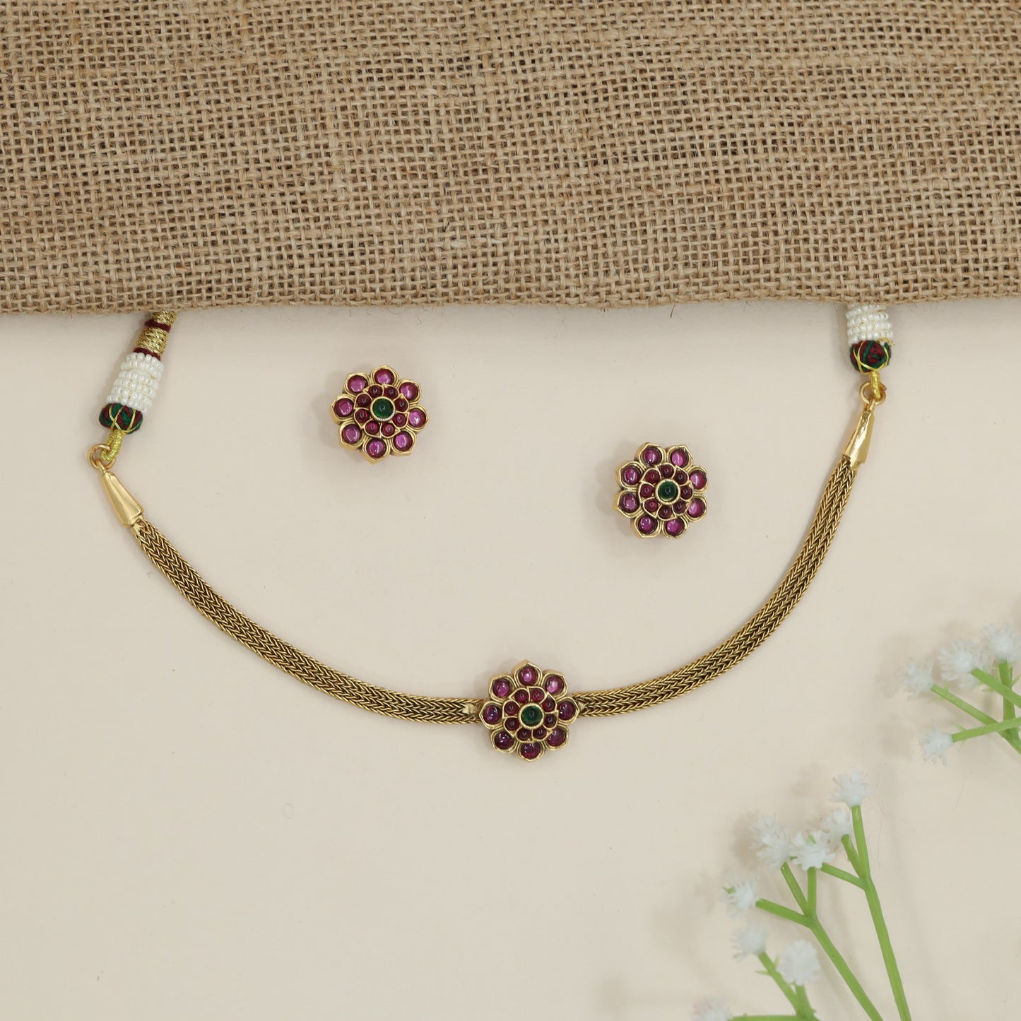 Antique flower motif choker with rosette centrepiece detailing