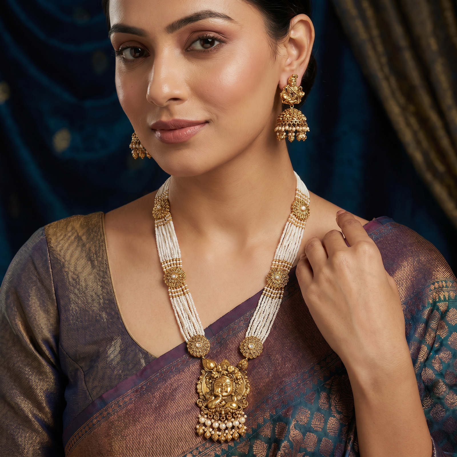 Classic Krishna beads long haara with floral connector motifs