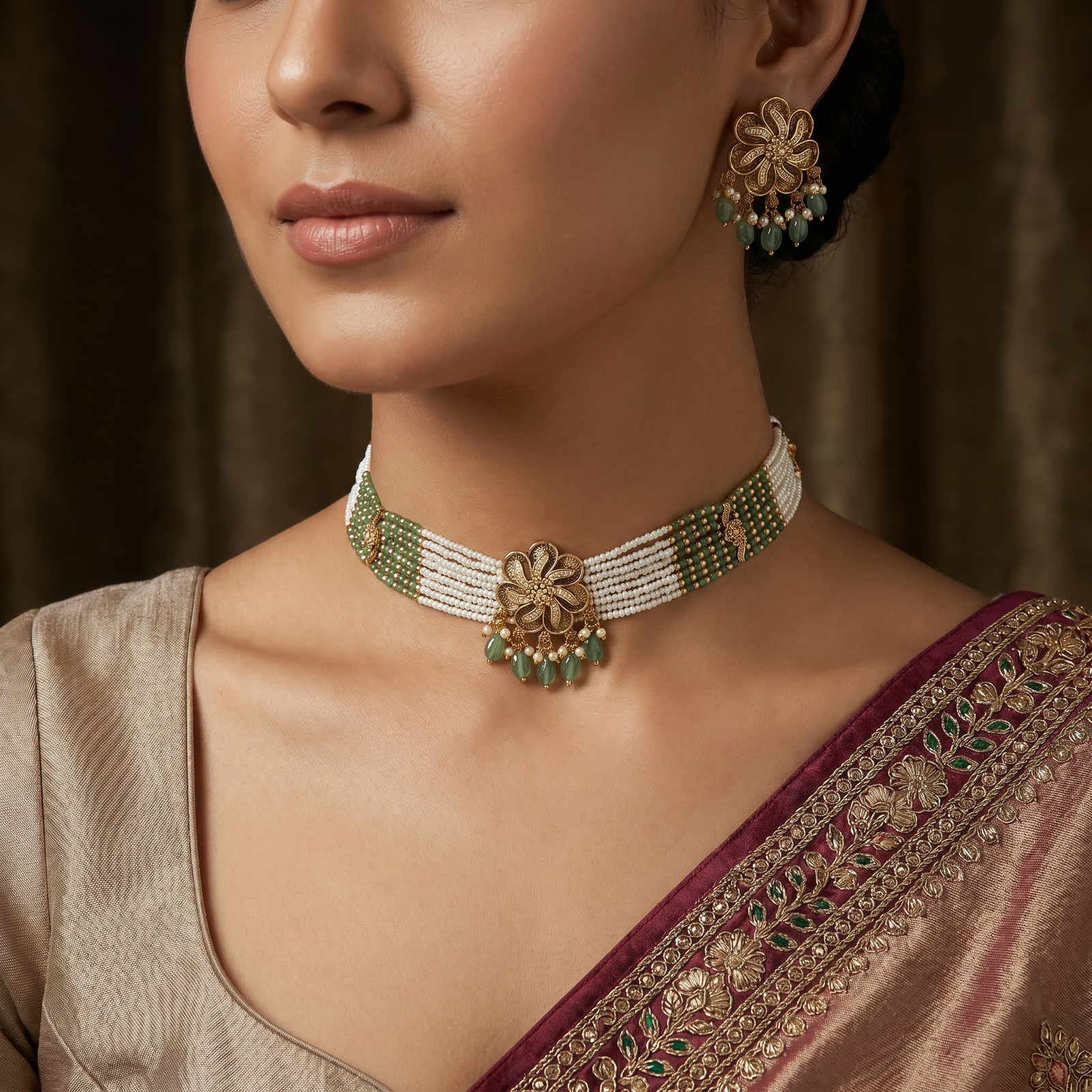 Signature rosette beads choker with ornamental floral craftsmanship
