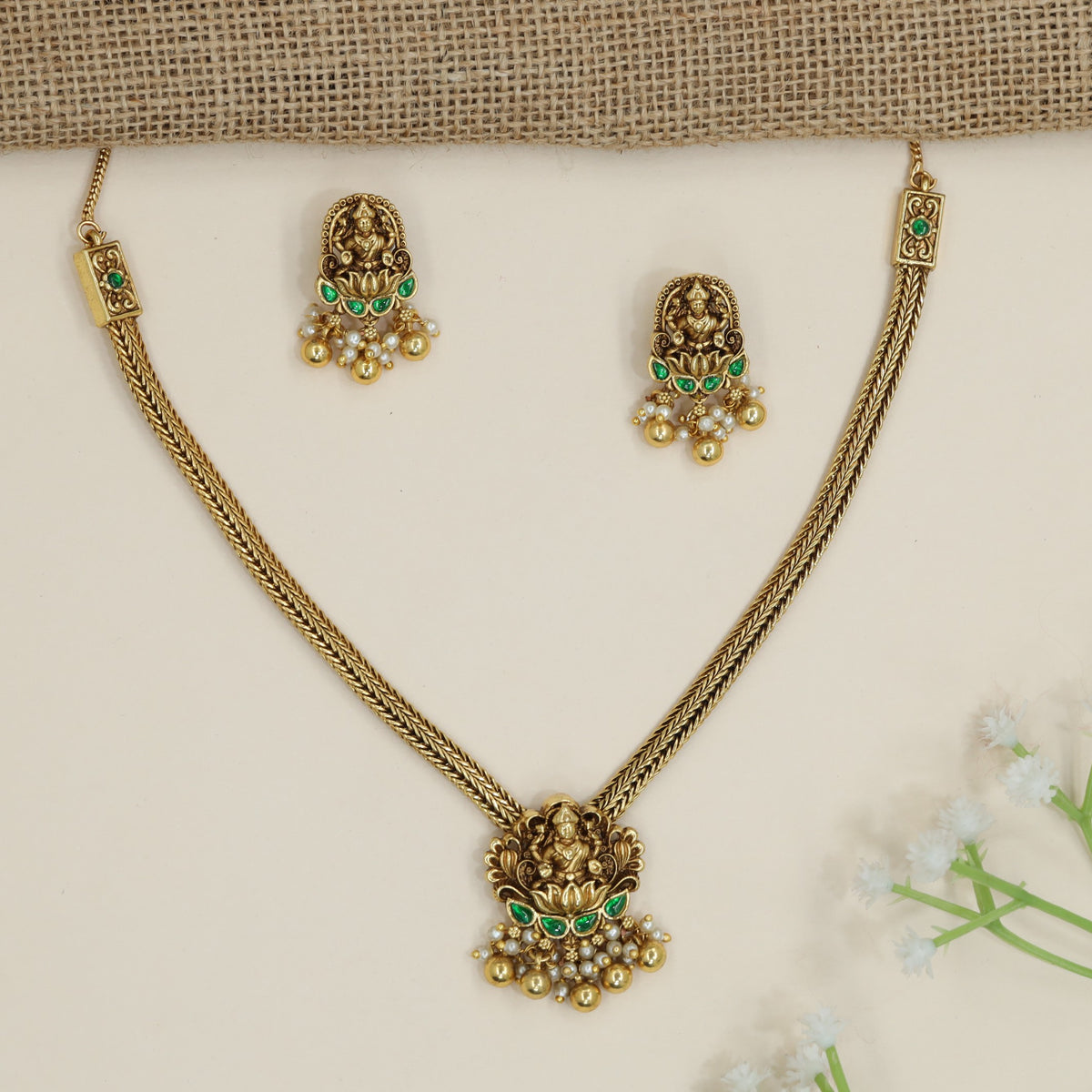 Bridal devotional necklace with Lakshmi centrepiece and fringe border