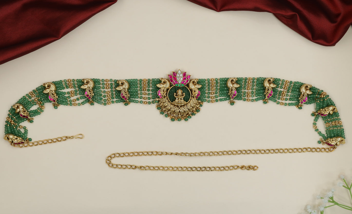 Lakshmi centrepiece Antique Waist Belt with ornamental peacock accents