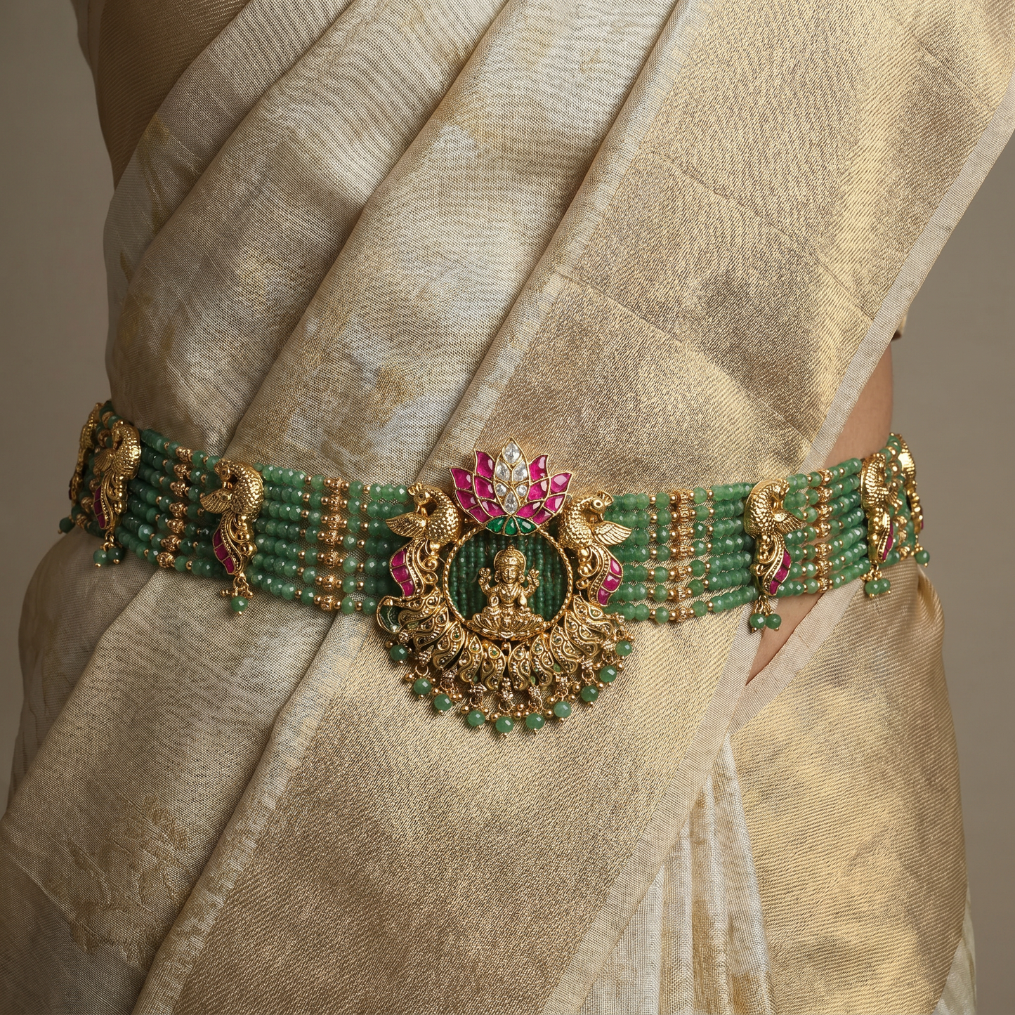 Lakshmi centrepiece Antique Waist Belt with ornamental peacock accents