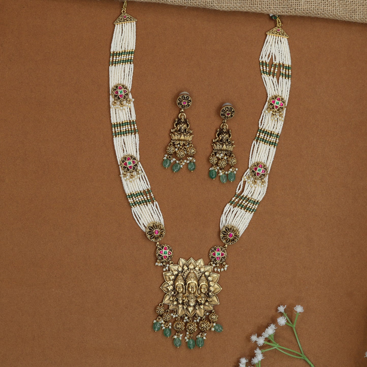 Regal Brahma Deva Lakshmi beads long haara with lotus halo pendant