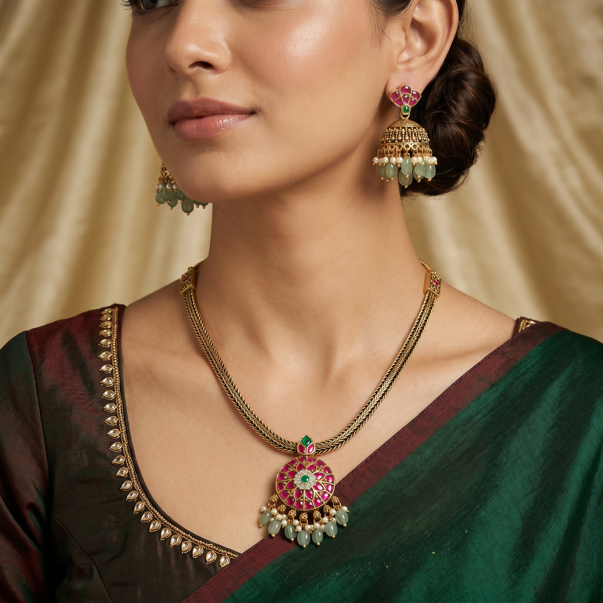 Regal braided chain necklace with floral medallion pendant
