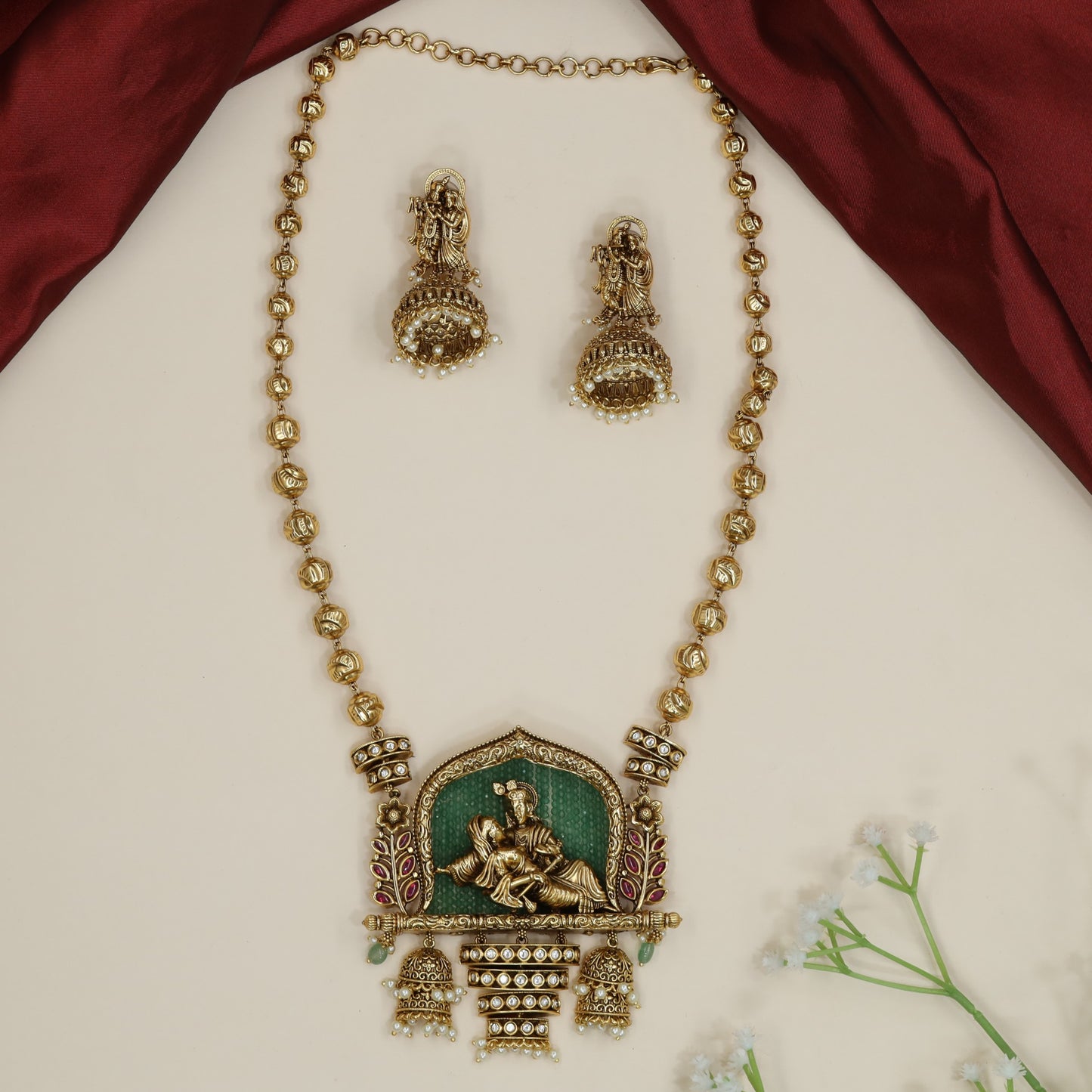 Radha Krishna Antique Chain With Pendant featuring sculpted figurine centrepiece