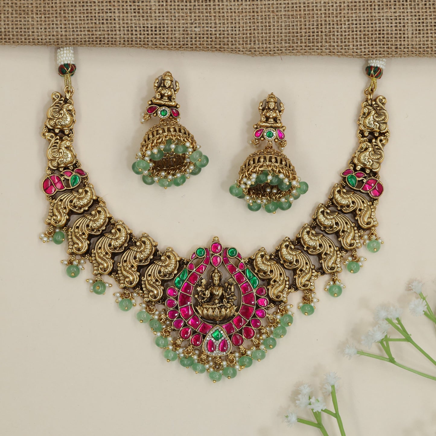 Antique Lakshmi pendant necklace with paisley motif collar design