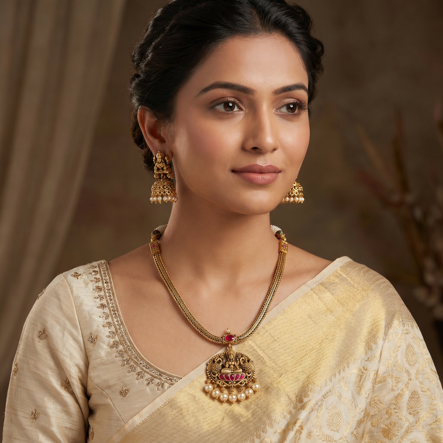 Antique Lakshmi pendant necklace with braided chain design