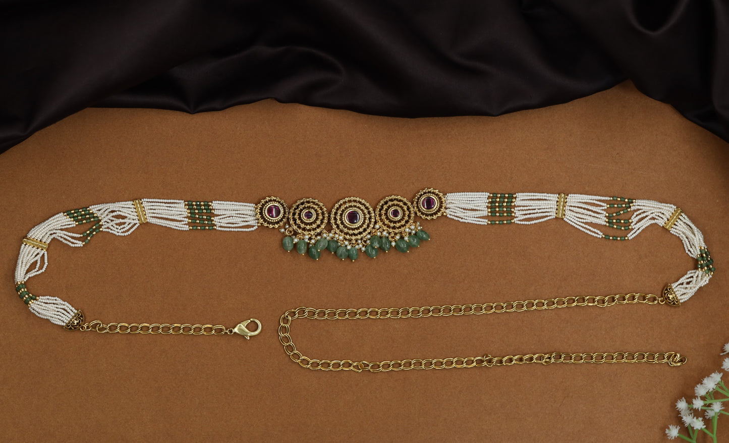 Grand pearl strand Antique Waist Belt with ornamental centre detailing