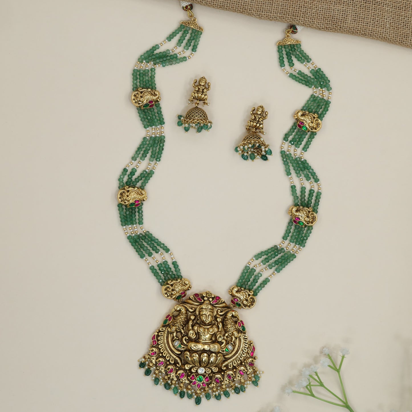 Traditional Lakshmi long haara with multi-strand beadwork and temple pendant