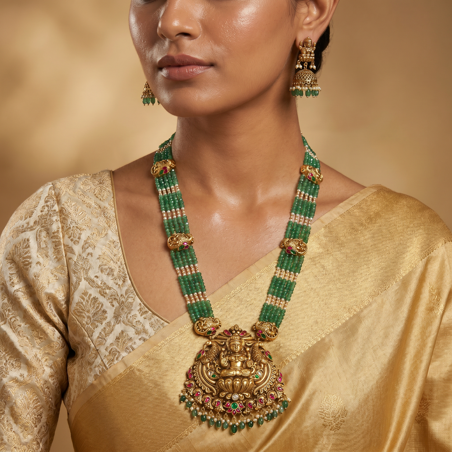 Traditional Lakshmi long haara with multi-strand beadwork and temple pendant