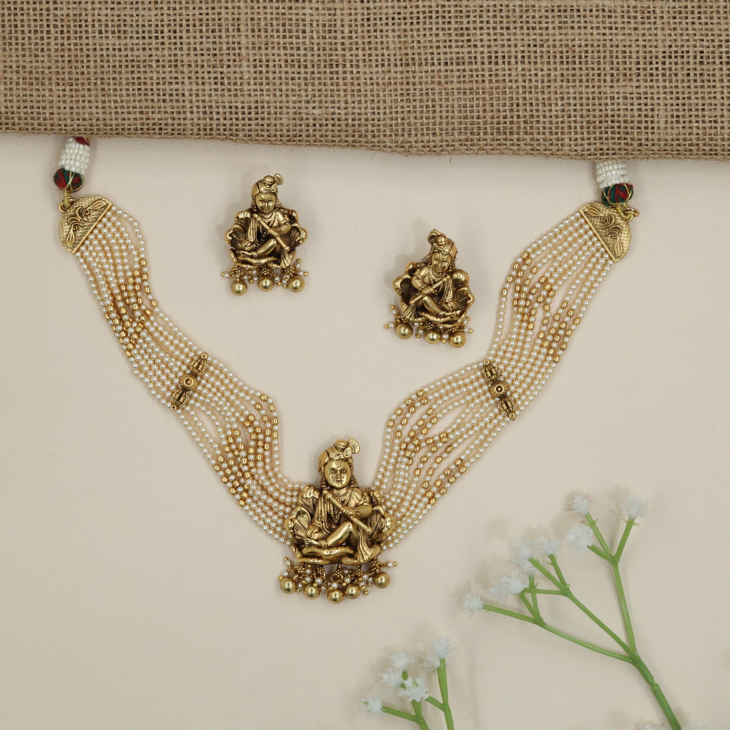 Krishna Pendant Antique Beads Choker with Pearl Weave Construction