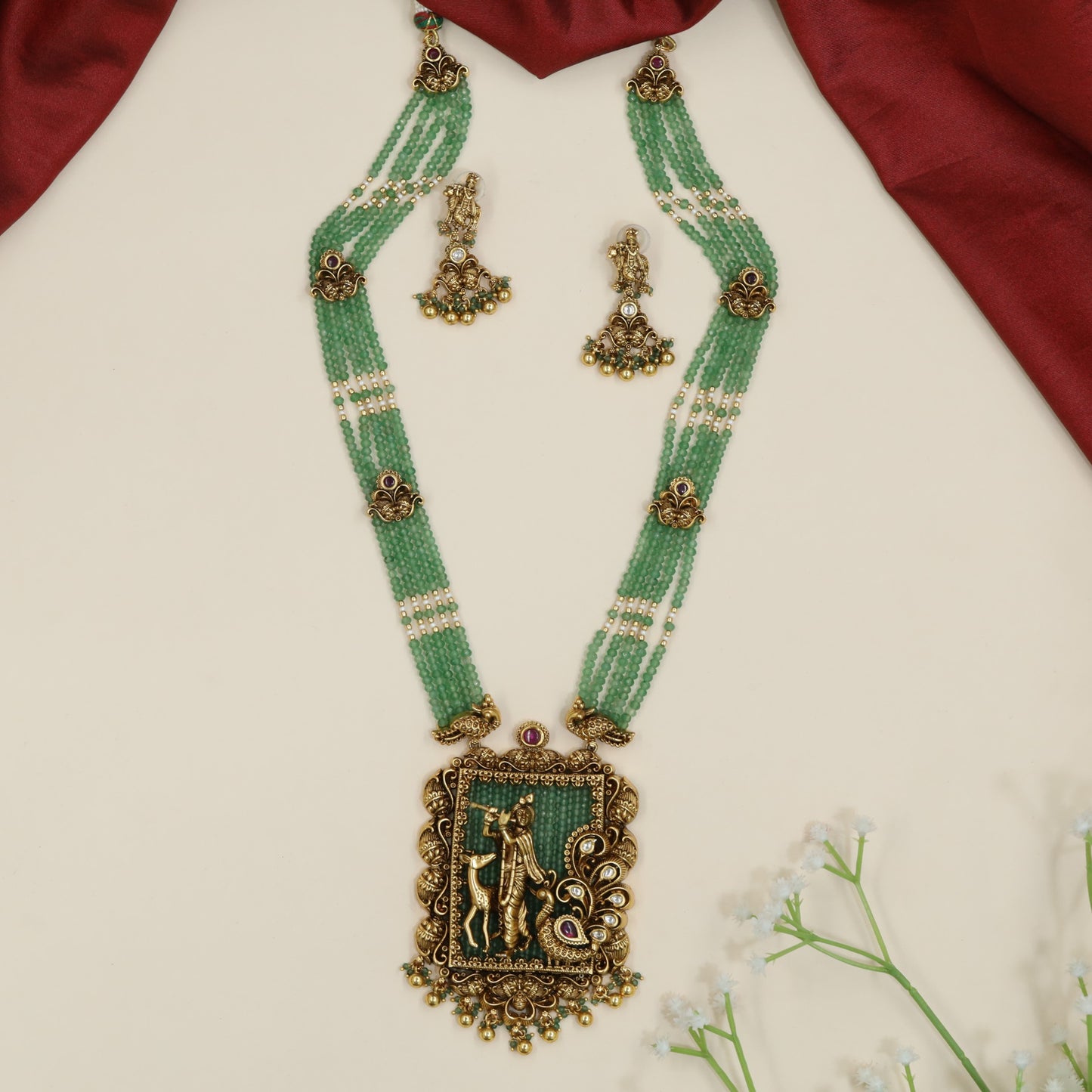 Statement Krishna centrepiece Antique Beads Long Haara with ornate borders