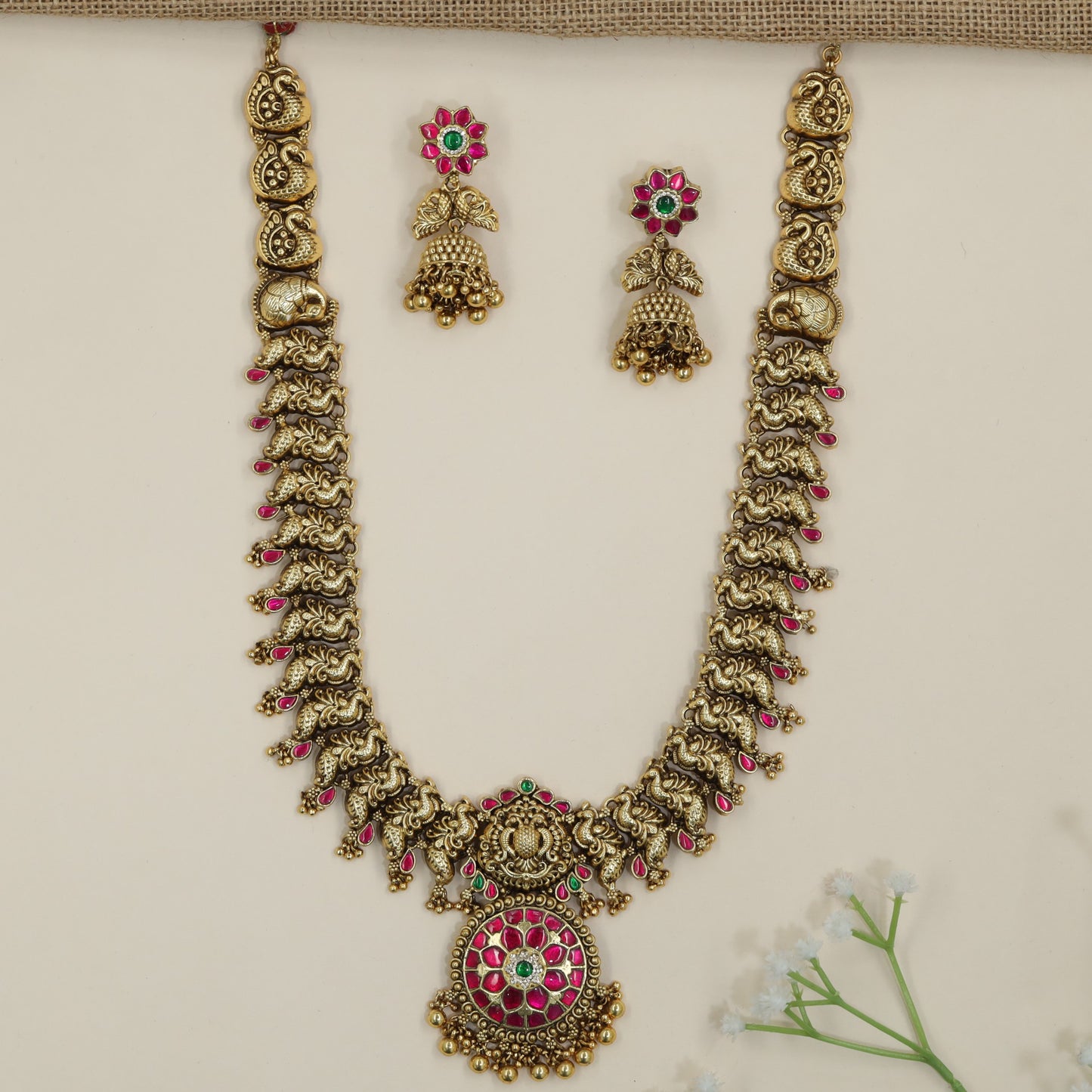 Peacock Antique Long Haara with Lakshmi Centrepiece Pendant