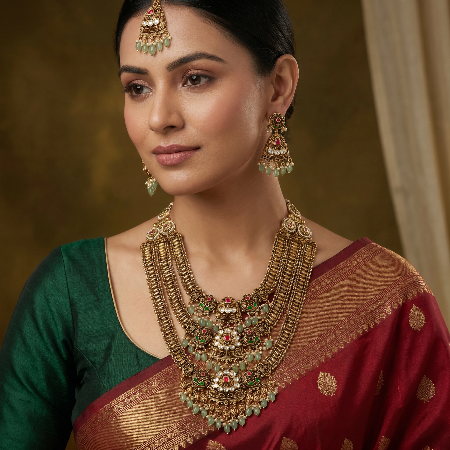 Multi-Layer Antique Long Haara with Jhumka Centrepieces and Green Bead Fringe