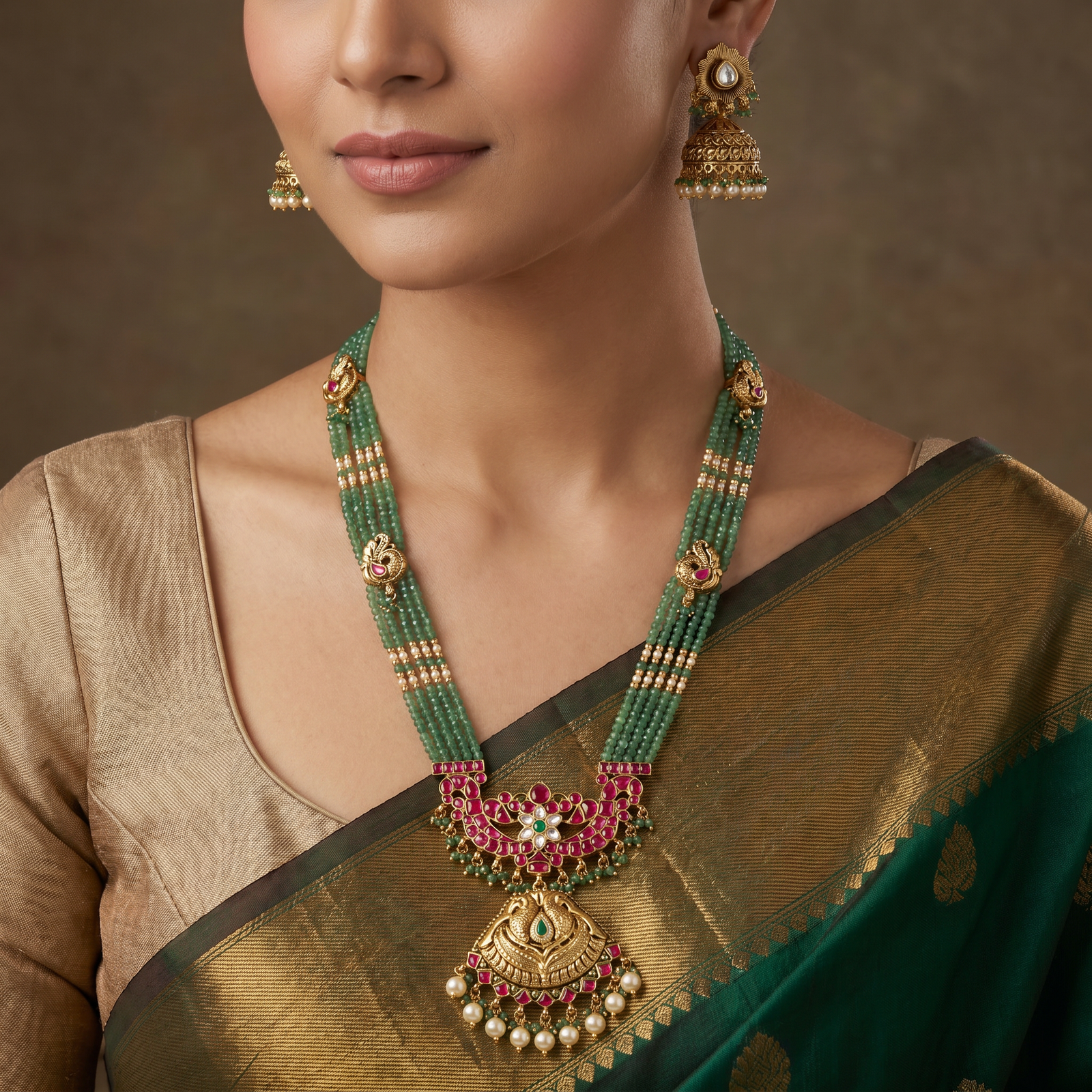 Peacock Design Long Haara with Ruby Stone and Pearl Fringe
