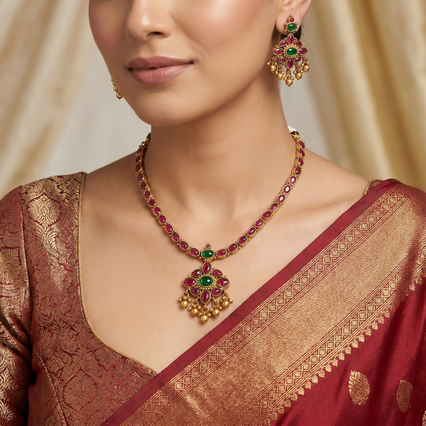 Classic Antique Necklace with Floral Rosette and Bell Fringe