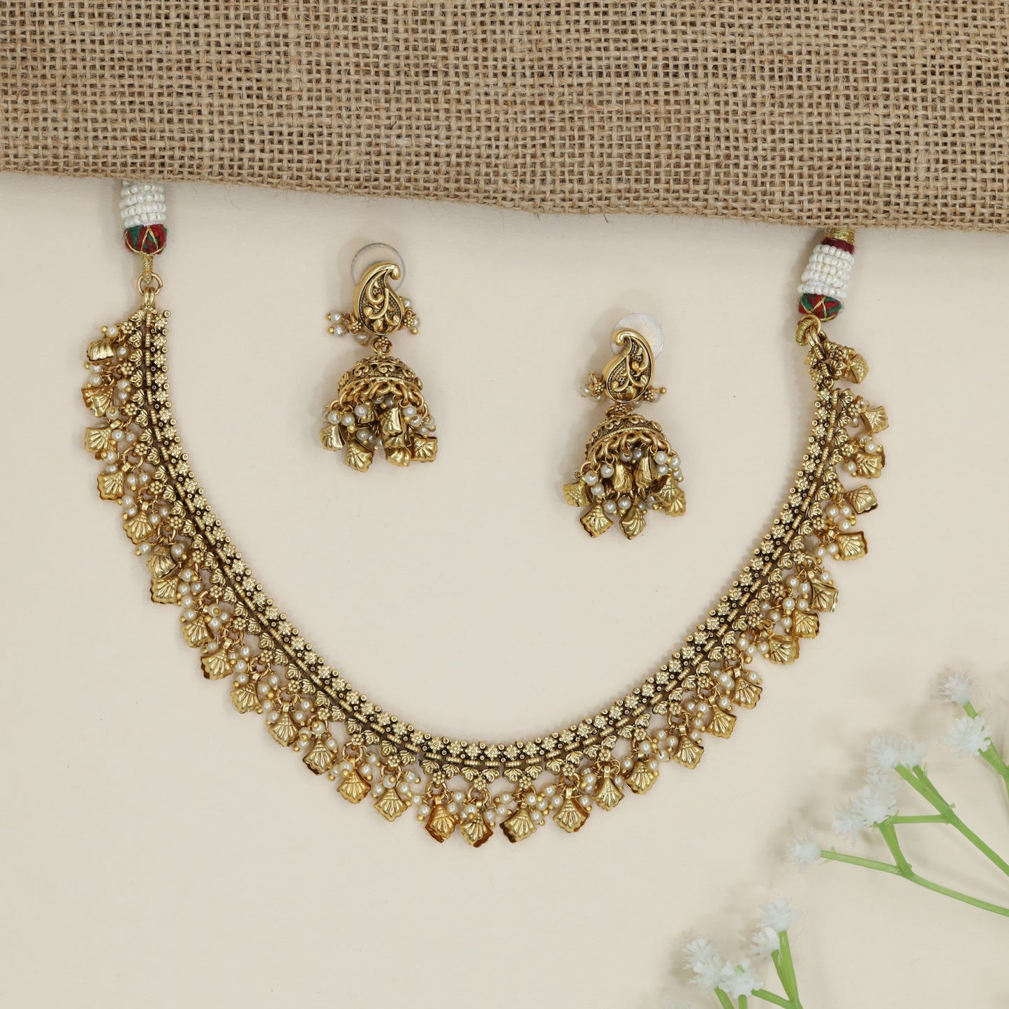 Regal Antique Necklace with Cascading Pearl Cluster Border