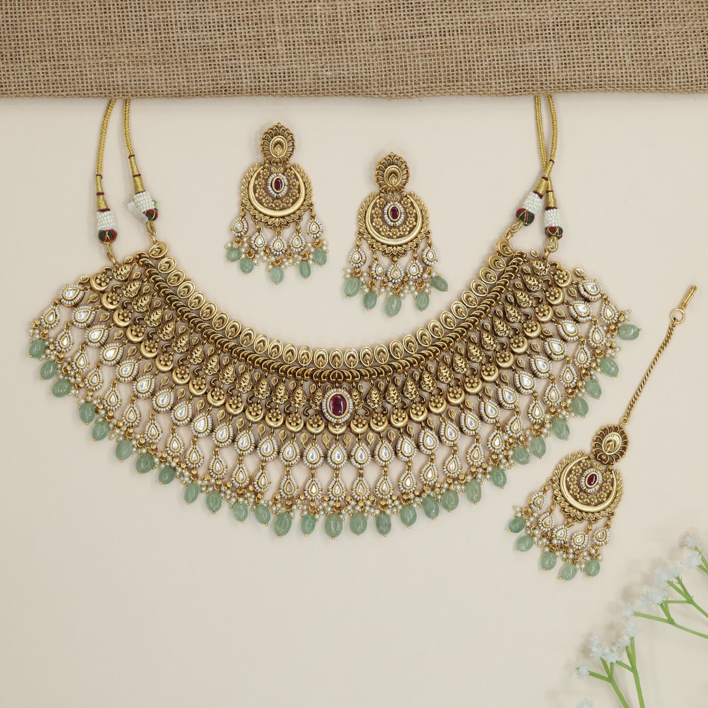 Royal Antique Choker with Pear Stone Lattice and Fringe Border
